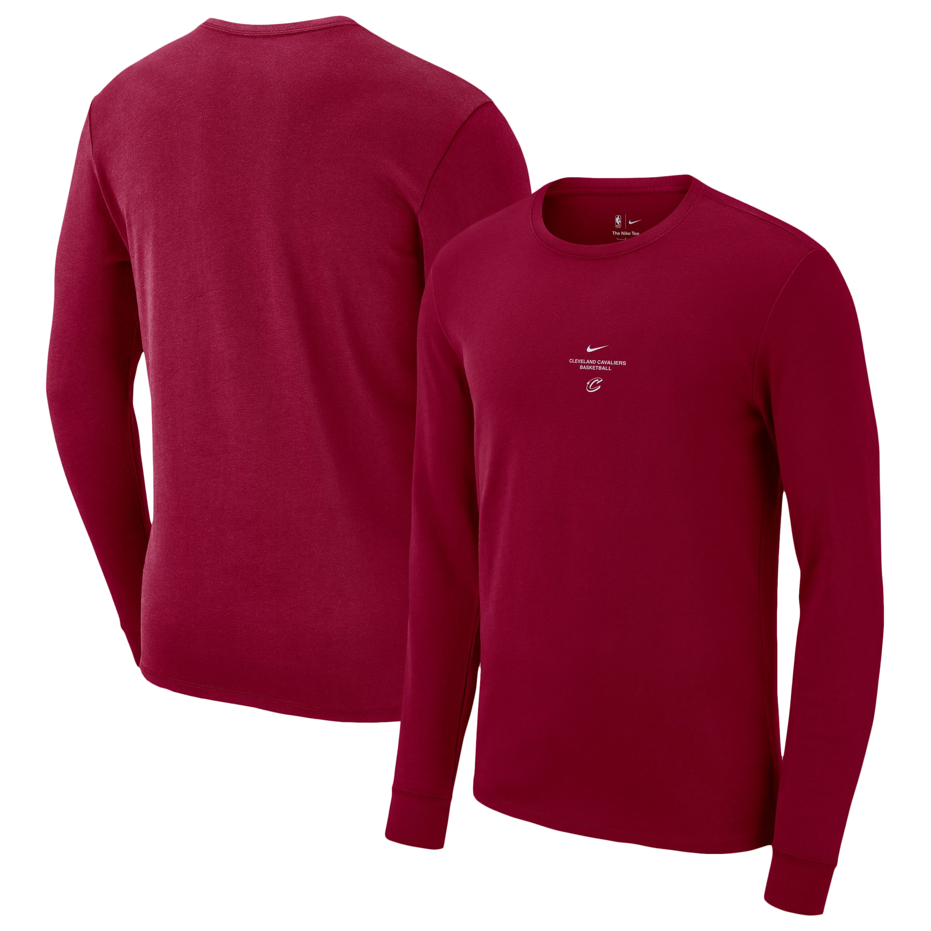 T-shirt d'entraînement à manches longues Nike Cleveland Cavaliers 2026 Standard Issue pour homme, couleur bordeaux.