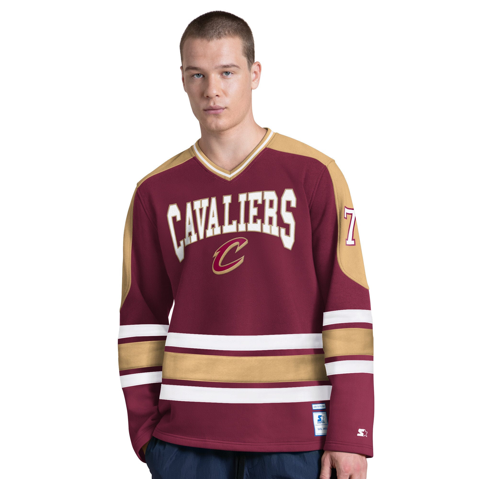 T-shirt à manches longues et col en V pour homme, motif « Starter Wine Cleveland Cavaliers Puck Drop ».