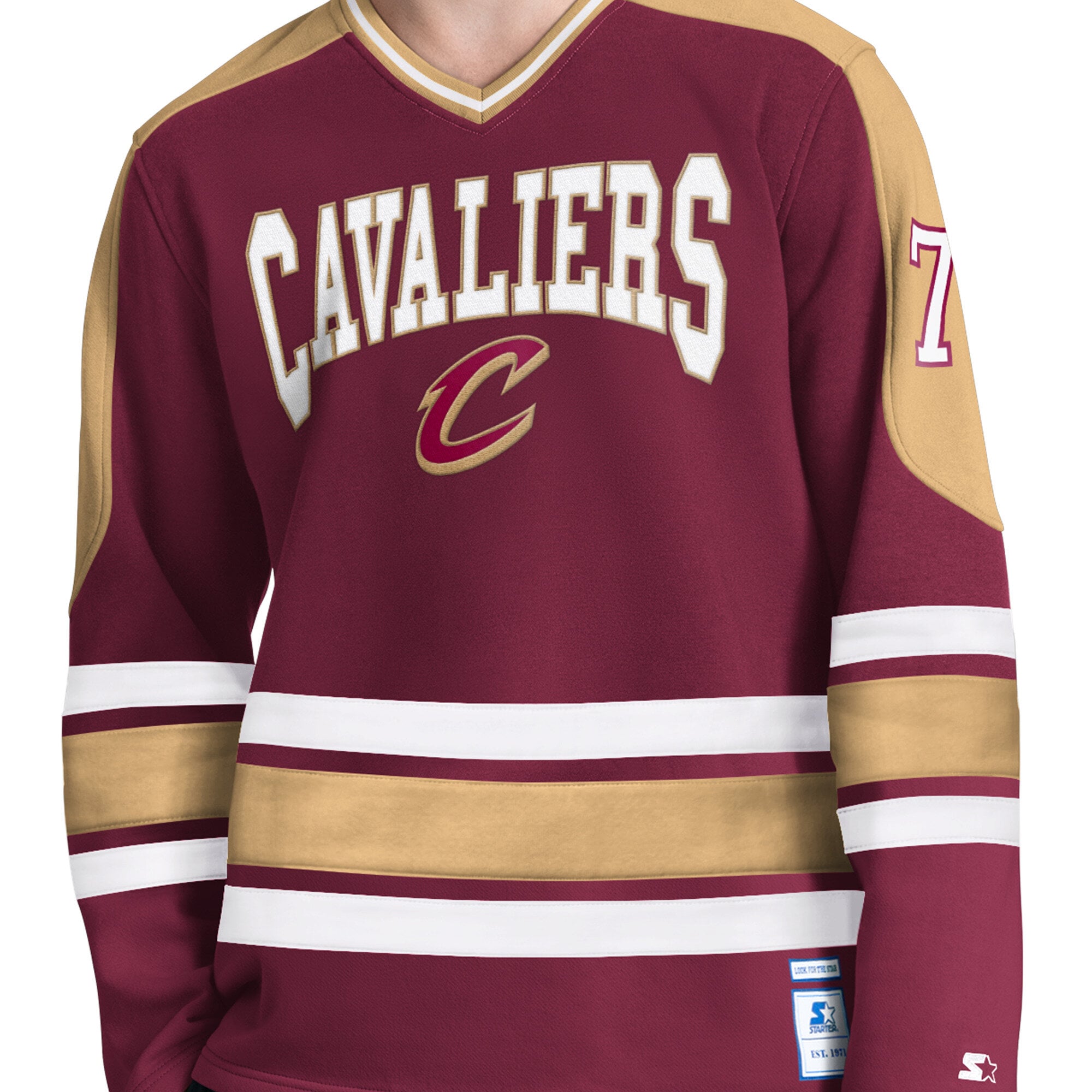 T-shirt à manches longues et col en V pour homme, motif « Starter Wine Cleveland Cavaliers Puck Drop ».