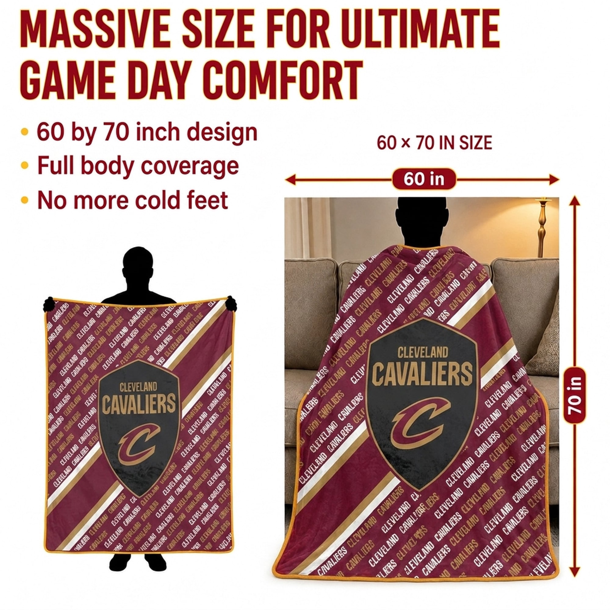 Couverture ultra douce Pegasus Cleveland Cavaliers 60" x 70" (diagonale) avec logo et doublure
