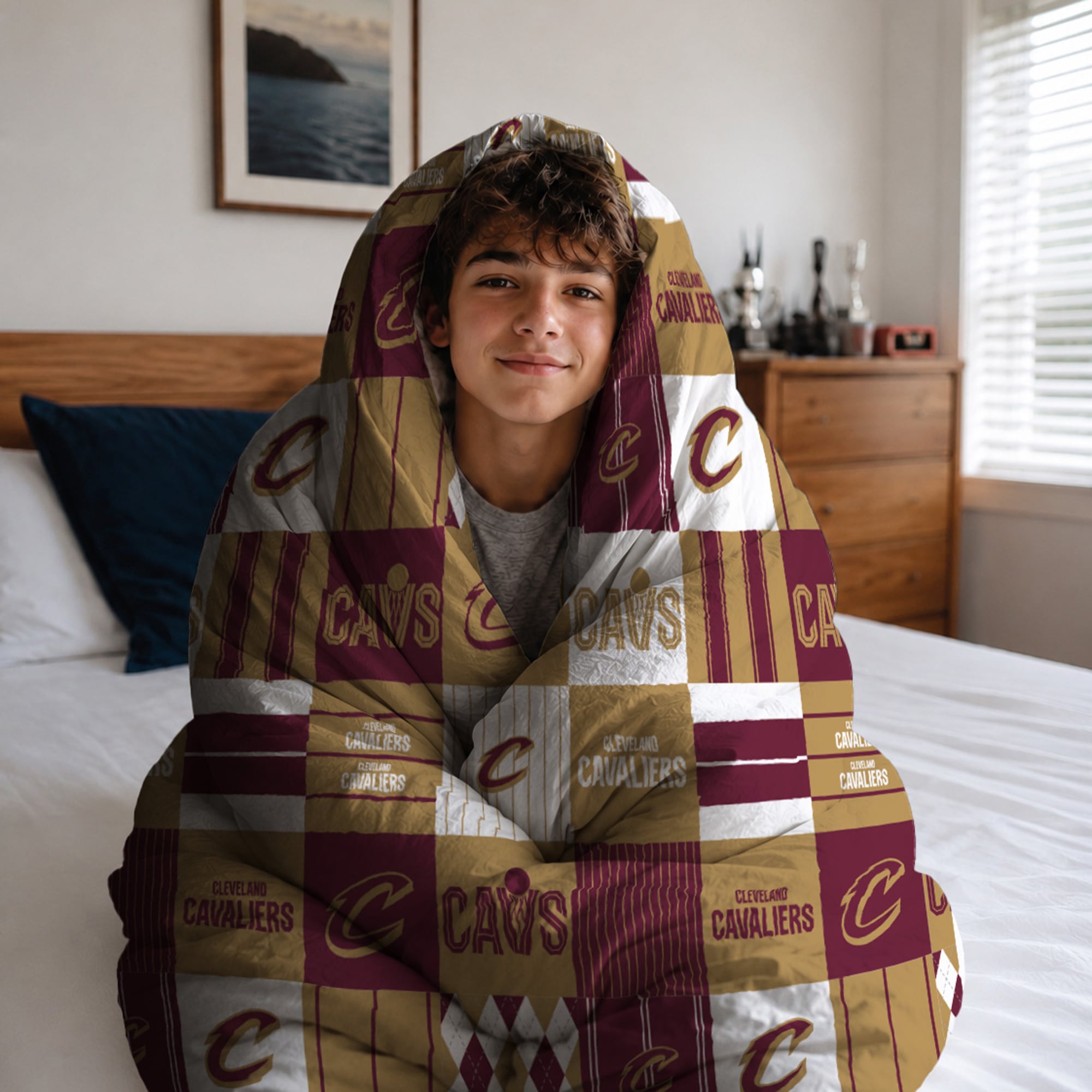 Ensemble de literie trois pièces à carreaux patchwork Pegasus Cleveland Cavaliers, format grand/queen.