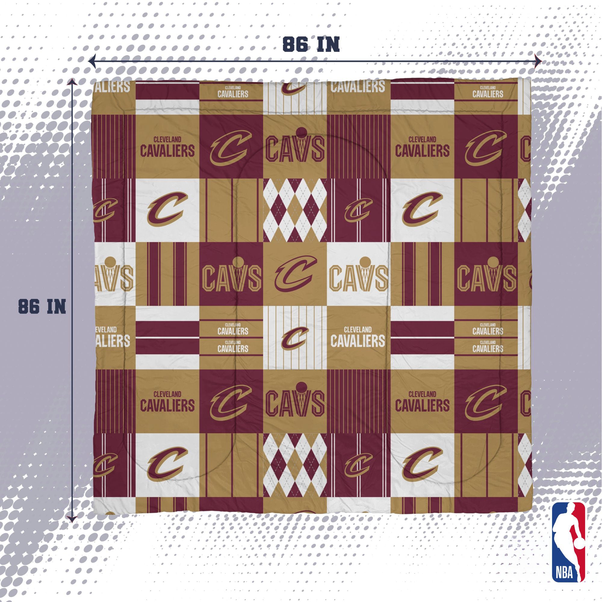 Ensemble de literie trois pièces à carreaux patchwork Pegasus Cleveland Cavaliers, format grand/queen.