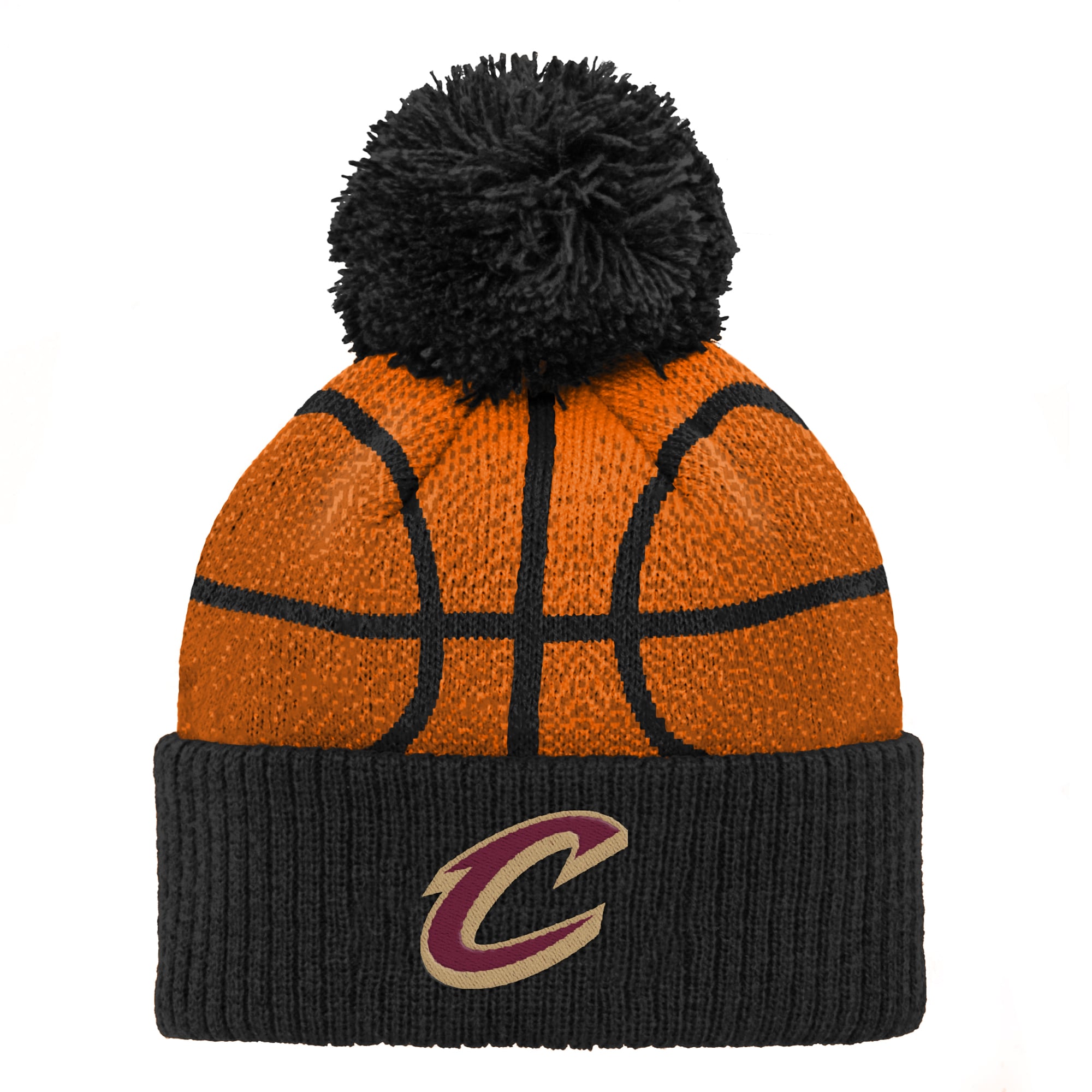 Bonnet tricoté à revers avec pompon, motif tête de basketteur des Cleveland Cavaliers noirs pour enfants d'âge préscolaire
