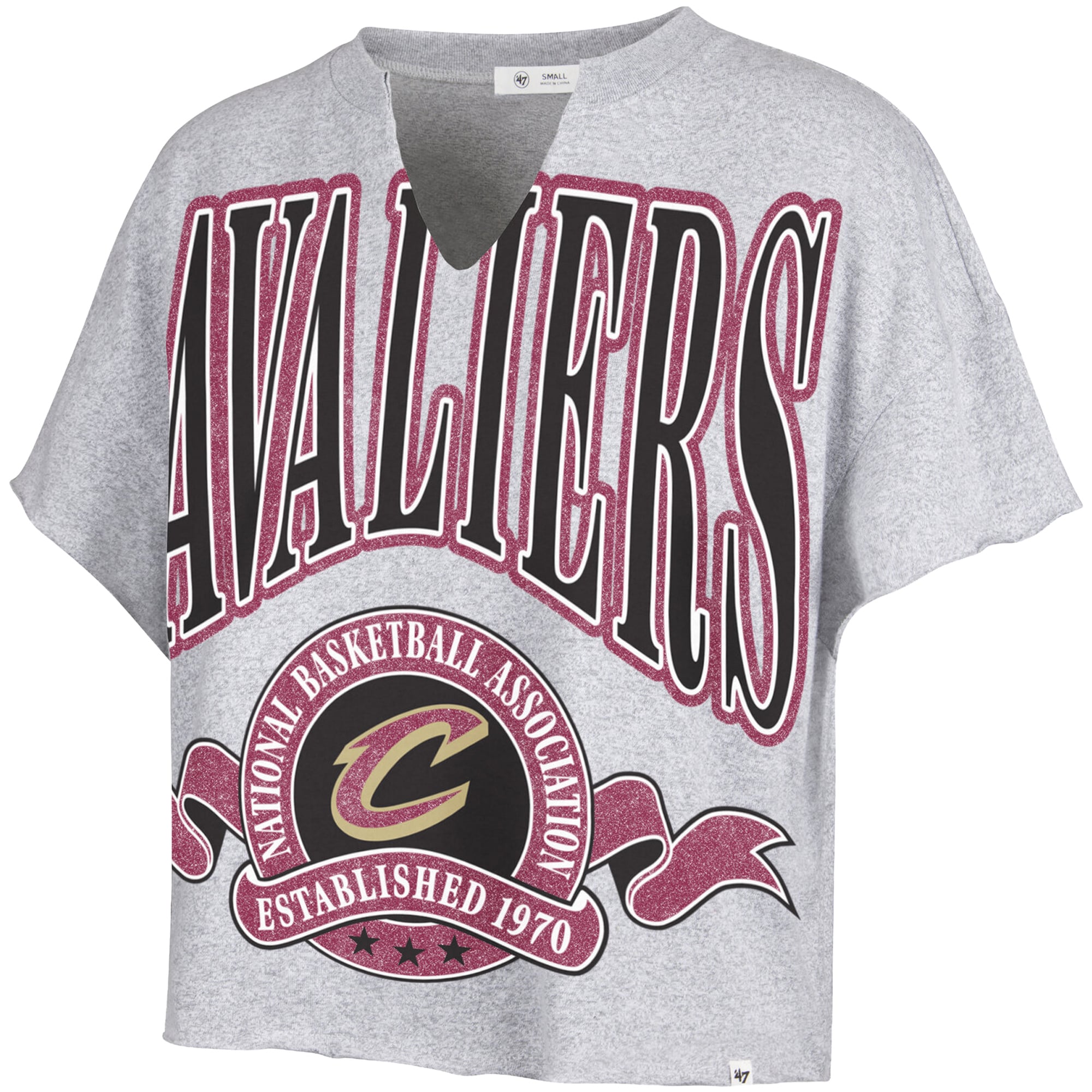 T-shirt oversize à col cranté pour femme, motif bannières des Cleveland Cavaliers gris n° 47