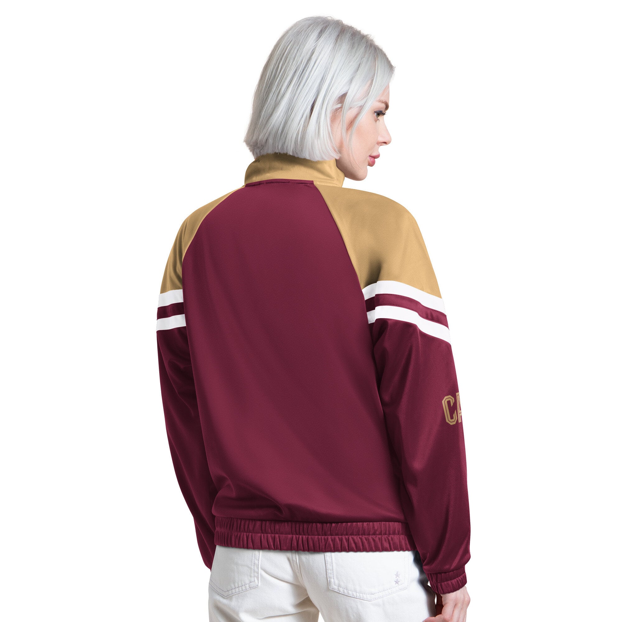 Veste de survêtement zippée pour femme, coloris vin, du club fans des Cleveland Cavaliers.
