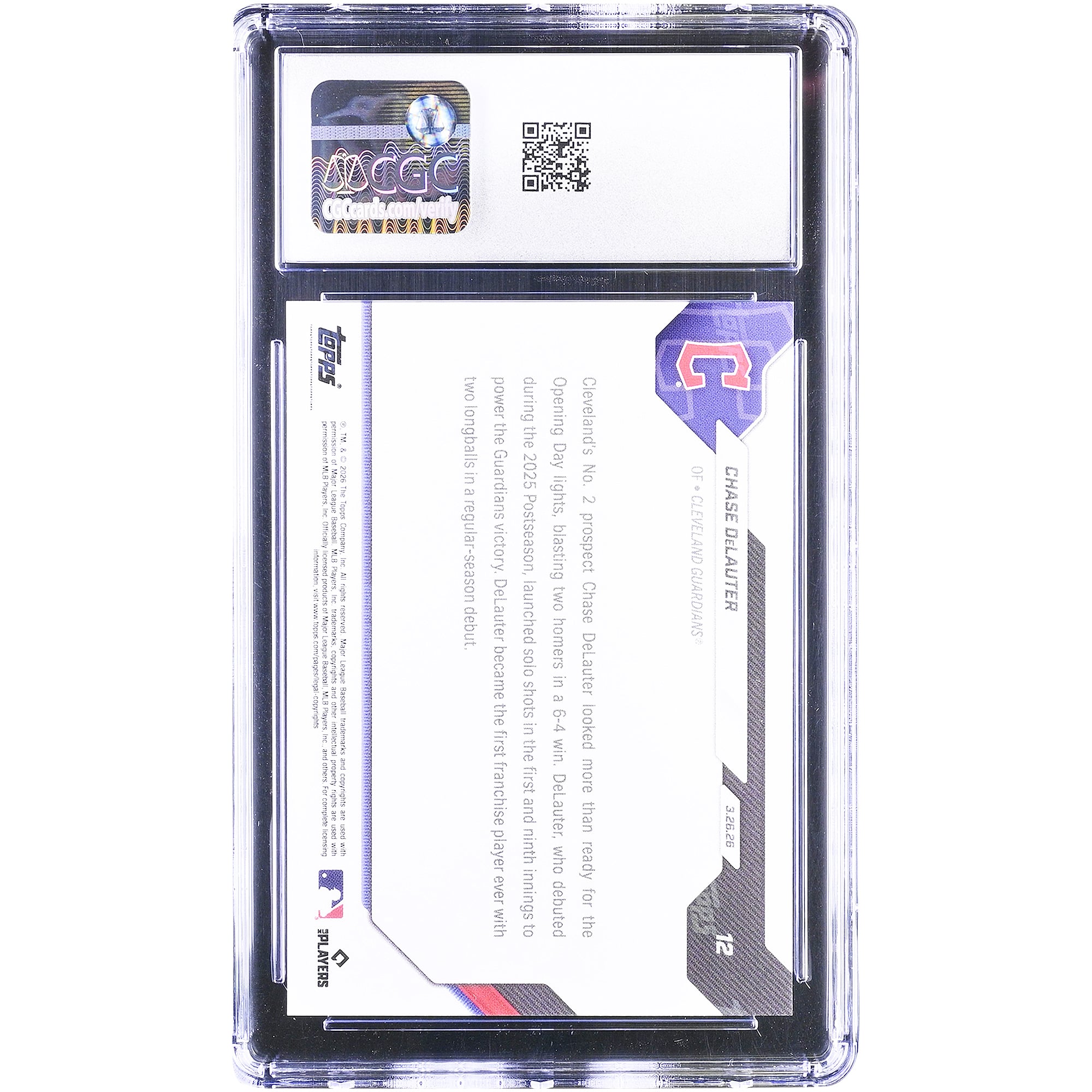 Chase DeLauter, Cleveland Guardians, carte de recrue Topps Now 2026, 2 coups de circuit en saison régulière, entrée dans l'histoire du club, n° 12, authentifiée par CGC.