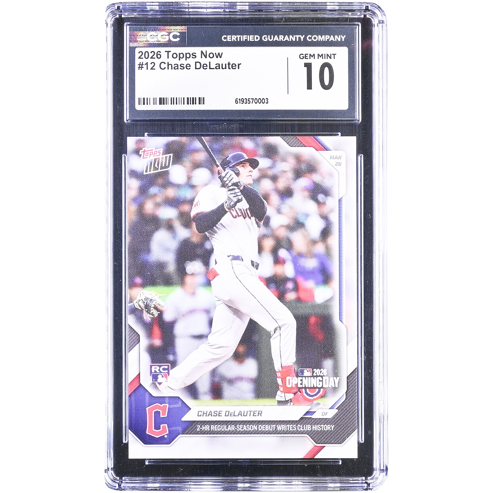 Chase DeLauter, Cleveland Guardians, carte de recrue Topps Now 2026, 2 coups de circuit en saison régulière, entrée dans l'histoire du club, n° 12, authentifiée par CGC.