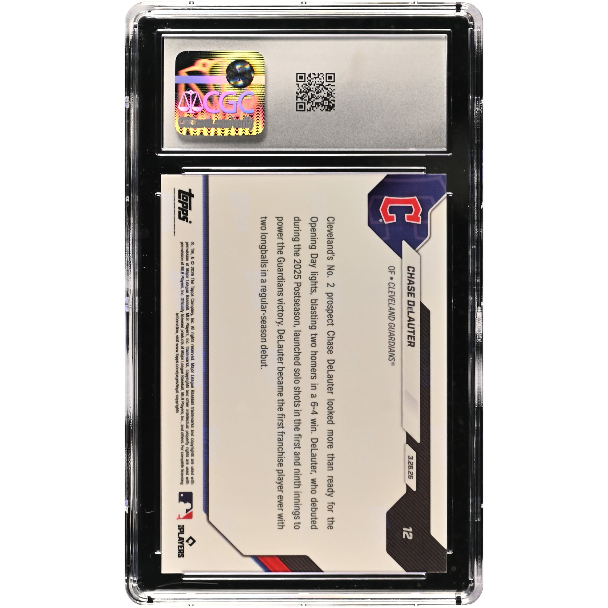 Chase DeLauter, Cleveland Guardians, carte recrue Topps Now 2026, 2 circuits pour ses débuts en saison régulière, entrée dans l'histoire du club, n° 12, authentifiée CGC 9.5