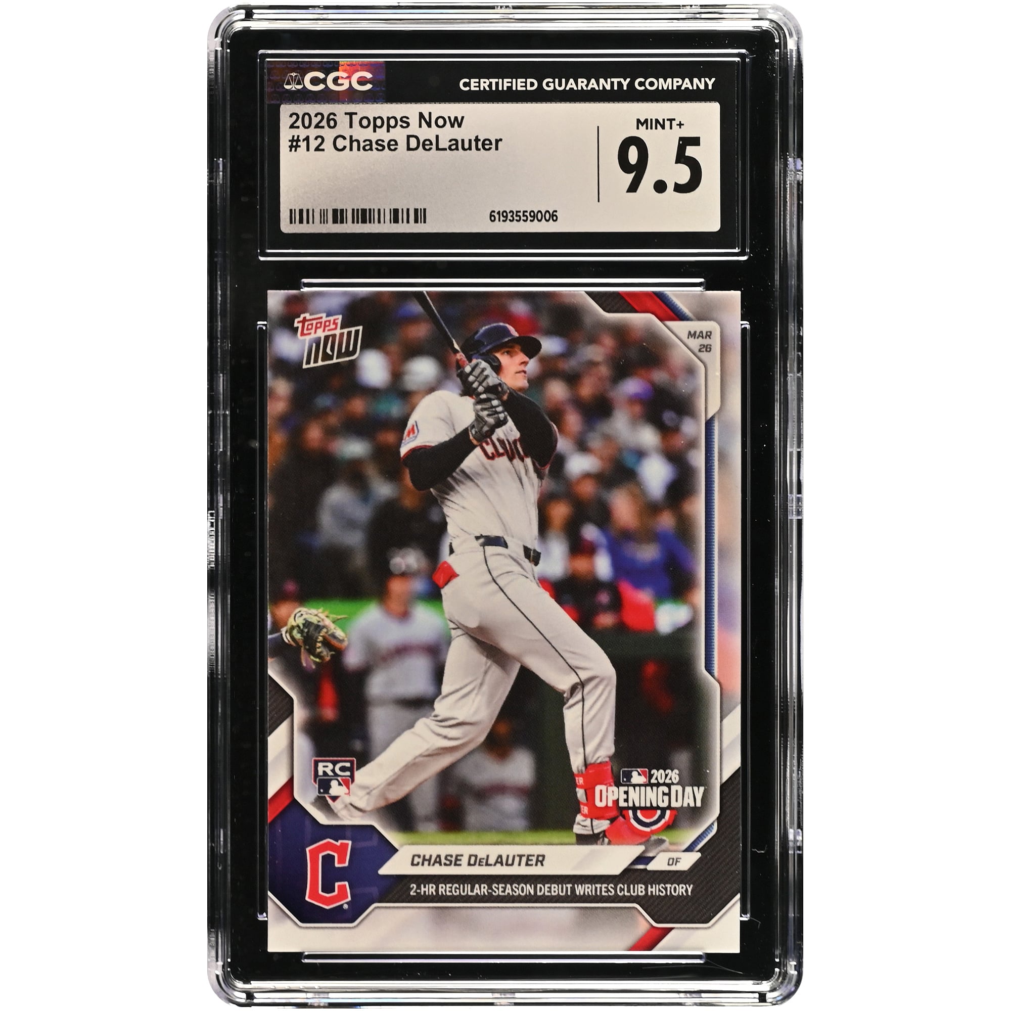Chase DeLauter, Cleveland Guardians, carte recrue Topps Now 2026, 2 circuits pour ses débuts en saison régulière, entrée dans l'histoire du club, n° 12, authentifiée CGC 9.5