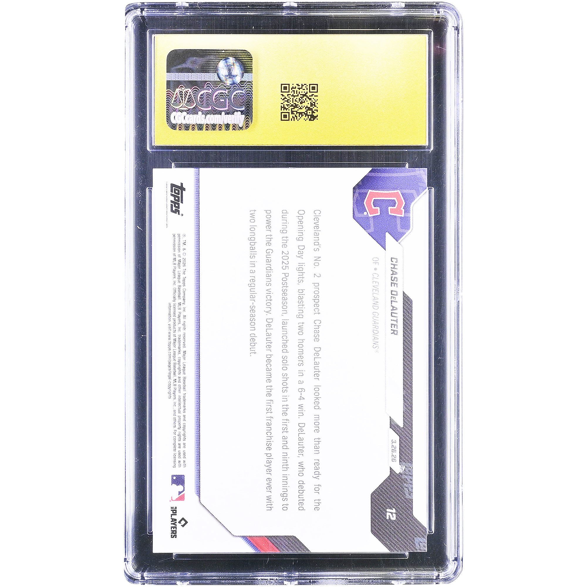 Carte recrue n° 12 authentifiée CGC Pristine 10 de Chase DeLauter (Cleveland Guardians, 2026 Topps Now) : 2 coups de circuit lors des débuts en saison régulière, un exploit historique pour le club.