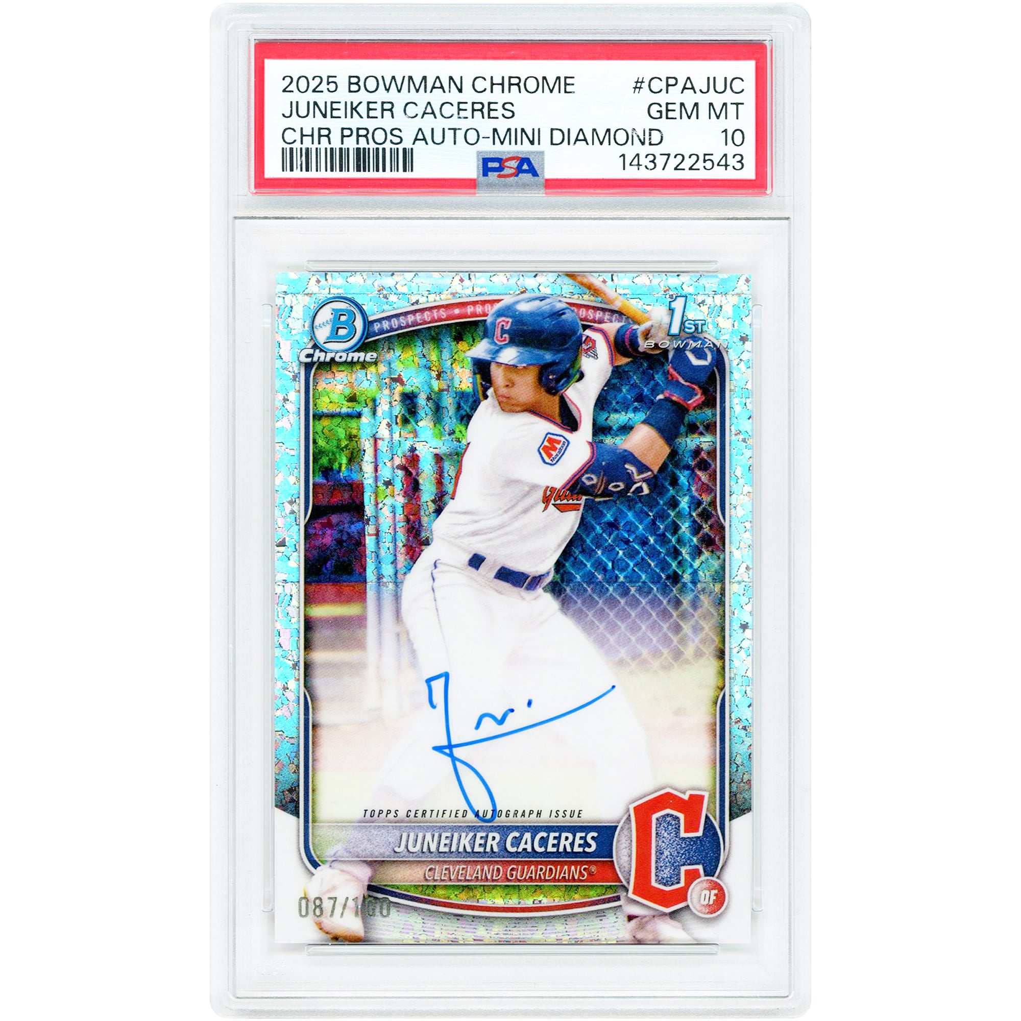 Carte de collection autographiée par Juneiker Caceres (Cleveland Guardians) Bowman Chrome Mini Diamonds Refractor 2025, numéro #CPA-JUC #87/100, authentifiée par PSA. Numéro de série : 10.