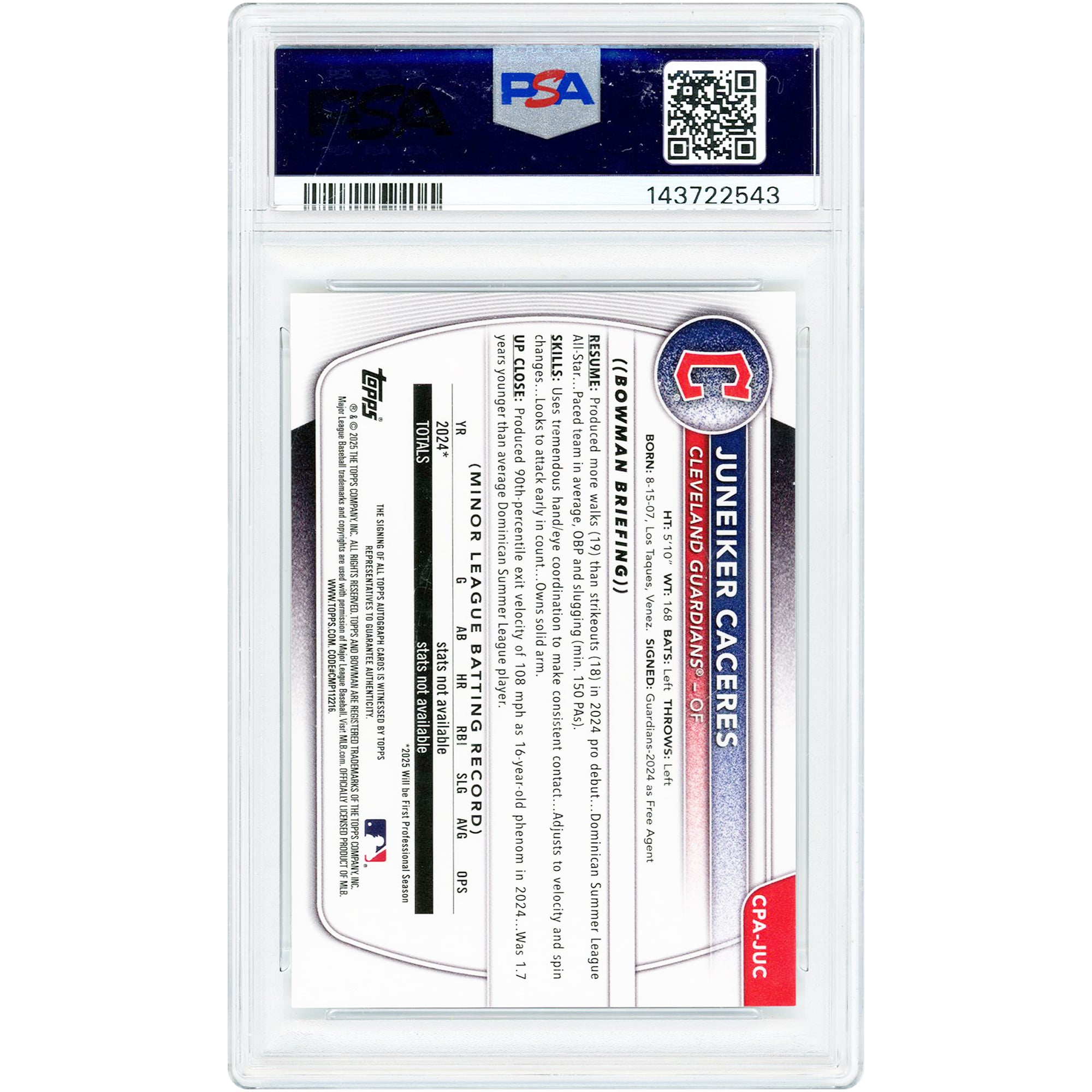 Carte de collection autographiée par Juneiker Caceres (Cleveland Guardians) Bowman Chrome Mini Diamonds Refractor 2025, numéro #CPA-JUC #87/100, authentifiée par PSA. Numéro de série : 10.