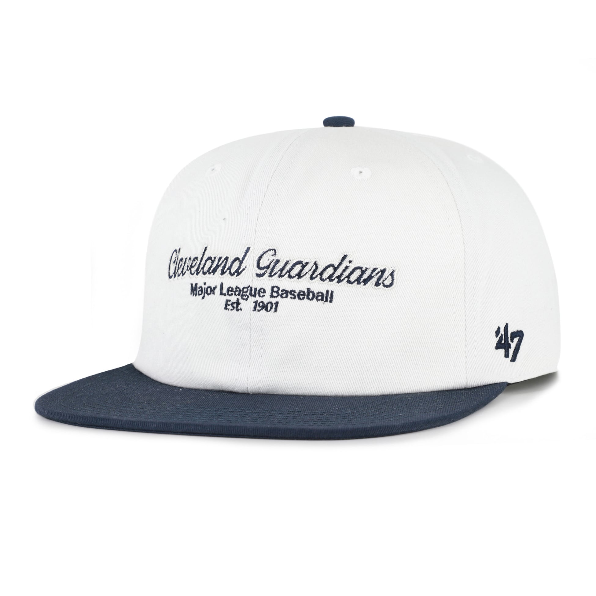 Men's '47 White/Navy Cleveland Guardians Script Stack Relaxed Captain Snapback