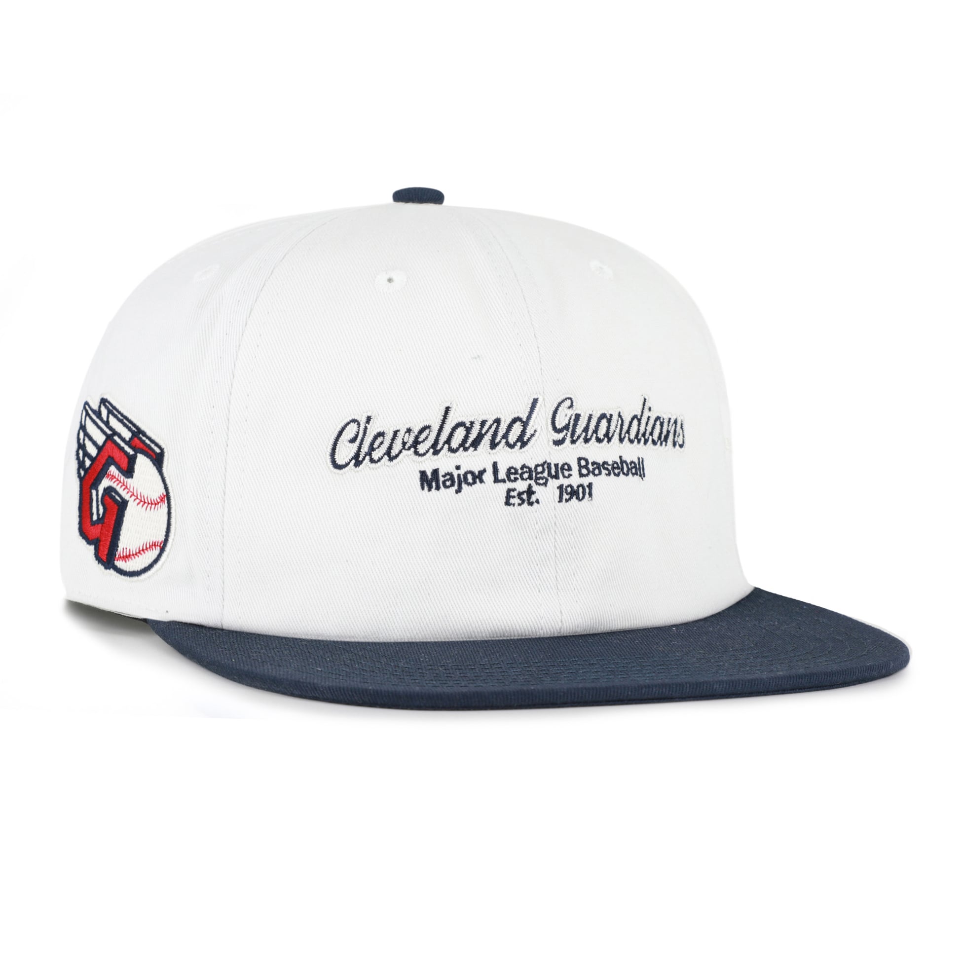 Men's '47 White/Navy Cleveland Guardians Script Stack Relaxed Captain Snapback