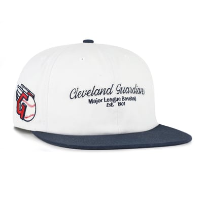 Cleveland Guardians '47 Script Stack Relaxed Captain Snapback - White/Navy