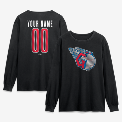 Cleveland Guardians  Metallic Mascot Personalized Name & Number Long Sleeve T-Shirt - Black