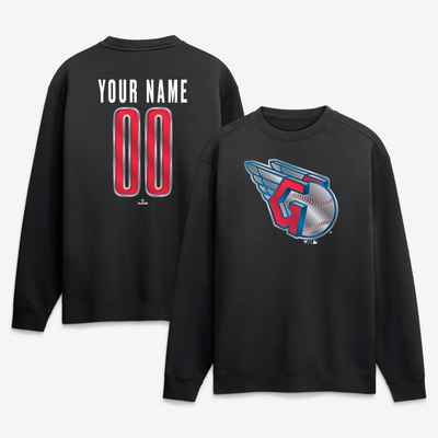 Cleveland Guardians  Metallic Mascot Personalized Name & Number Sweatshirt - Black