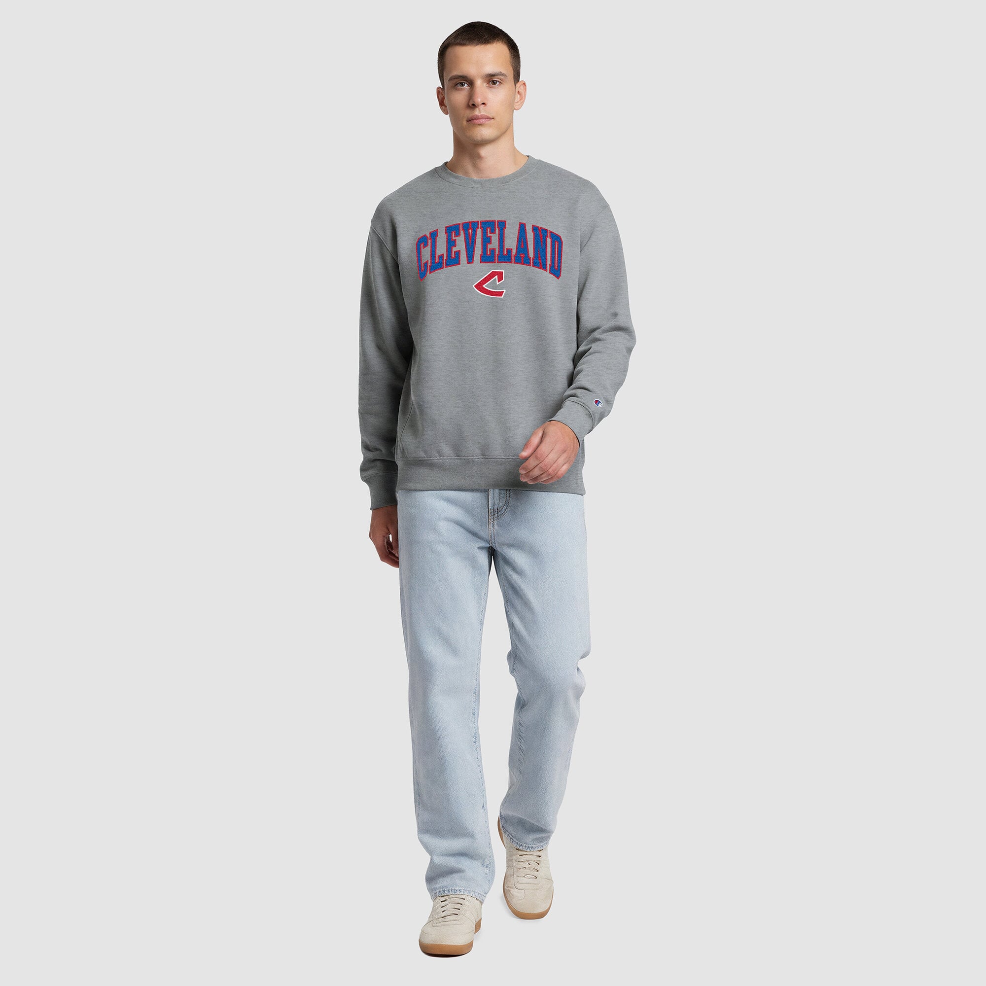 Men's Champion Heather Gray Cleveland Guardians Fleece Crew Sweatshirt
