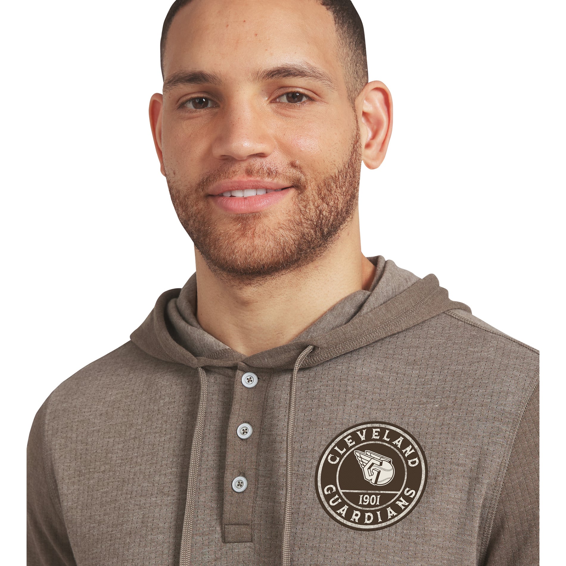 Men's Darius Rucker Collection by Fanatics Tan/Brown Cleveland Guardians Knit Hooded Henley Long Sleeve T-Shirt