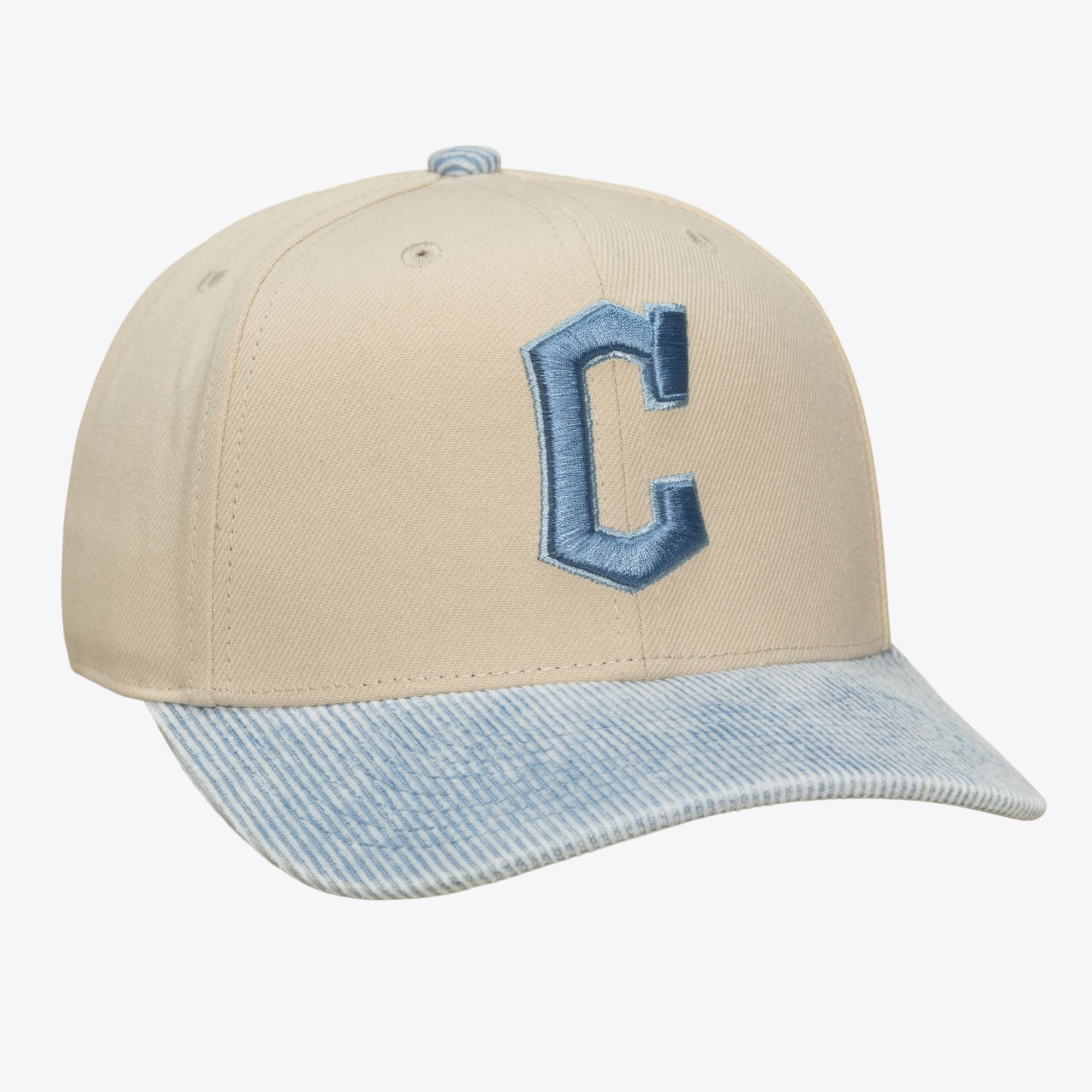Men's Mitchell & Ness  Cream/Light Blue Cleveland Guardians Washed Corduroy Pro Crown Snapback Hat