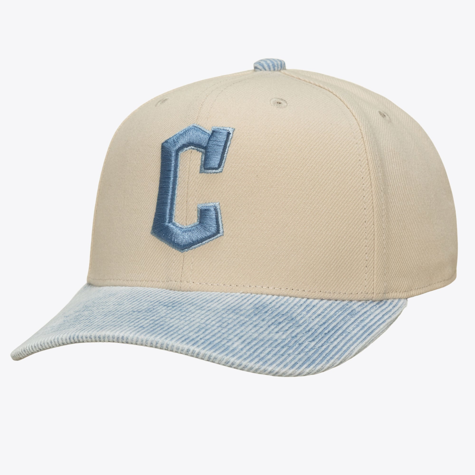 Men's Mitchell & Ness Cream/Light Blue Cleveland Guardians Washed Corduroy Pro Crown Snapback Hat