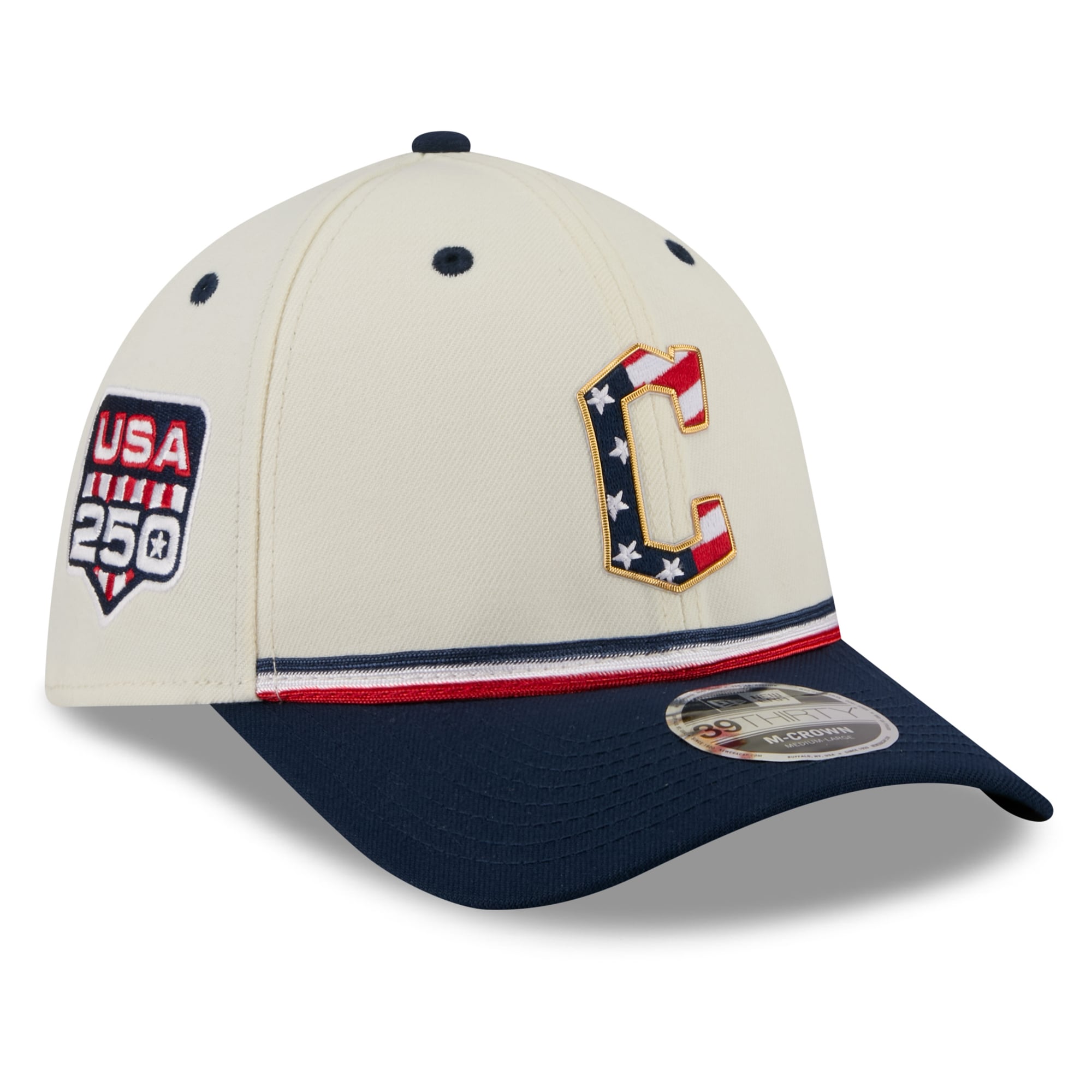 Men's New Era Cream/Navy Cleveland Guardians USA 250 Fourth of July 39THIRTY M-Crown Flex Hat