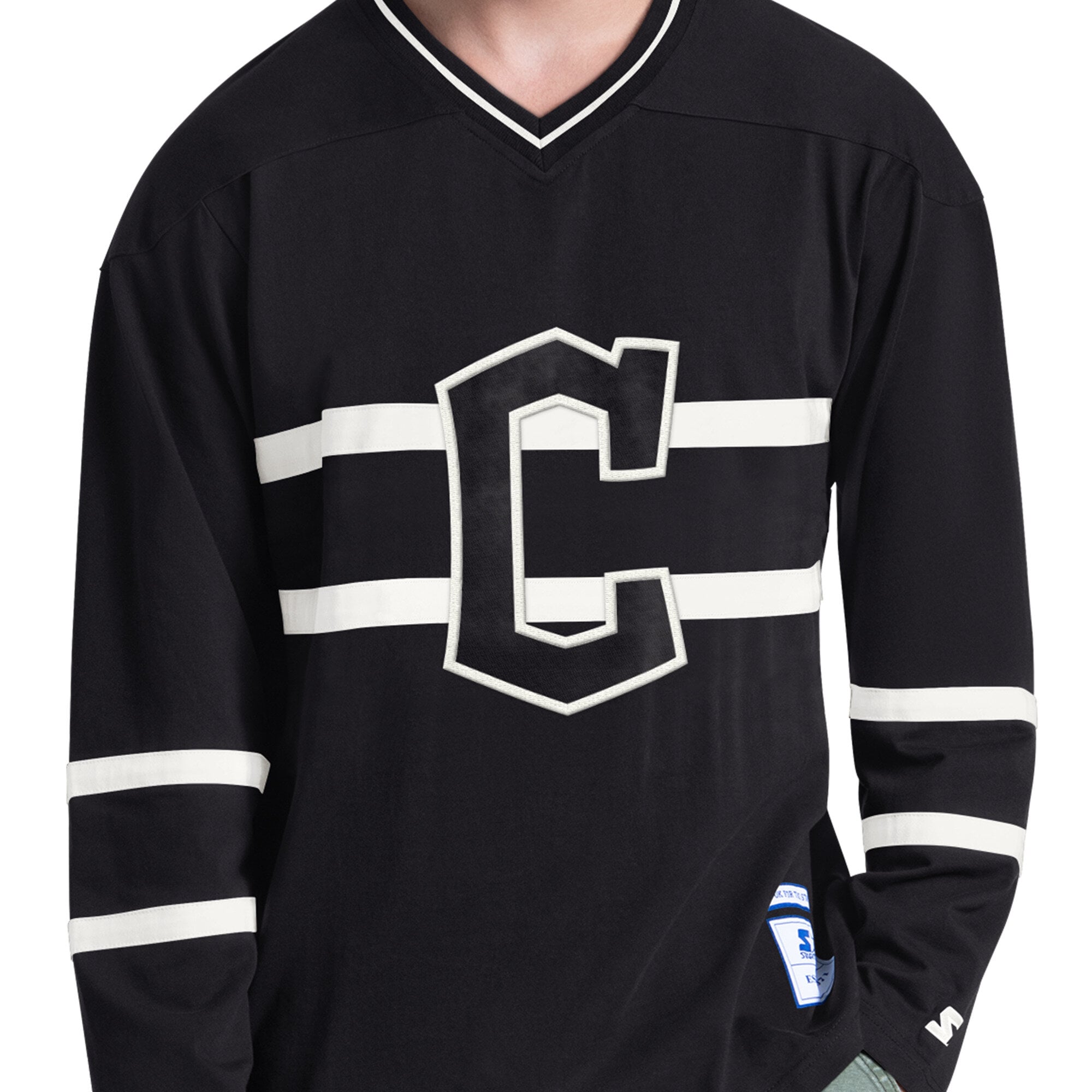 T-shirt à manches longues et col en V Starter Black Cleveland Guardians pour homme