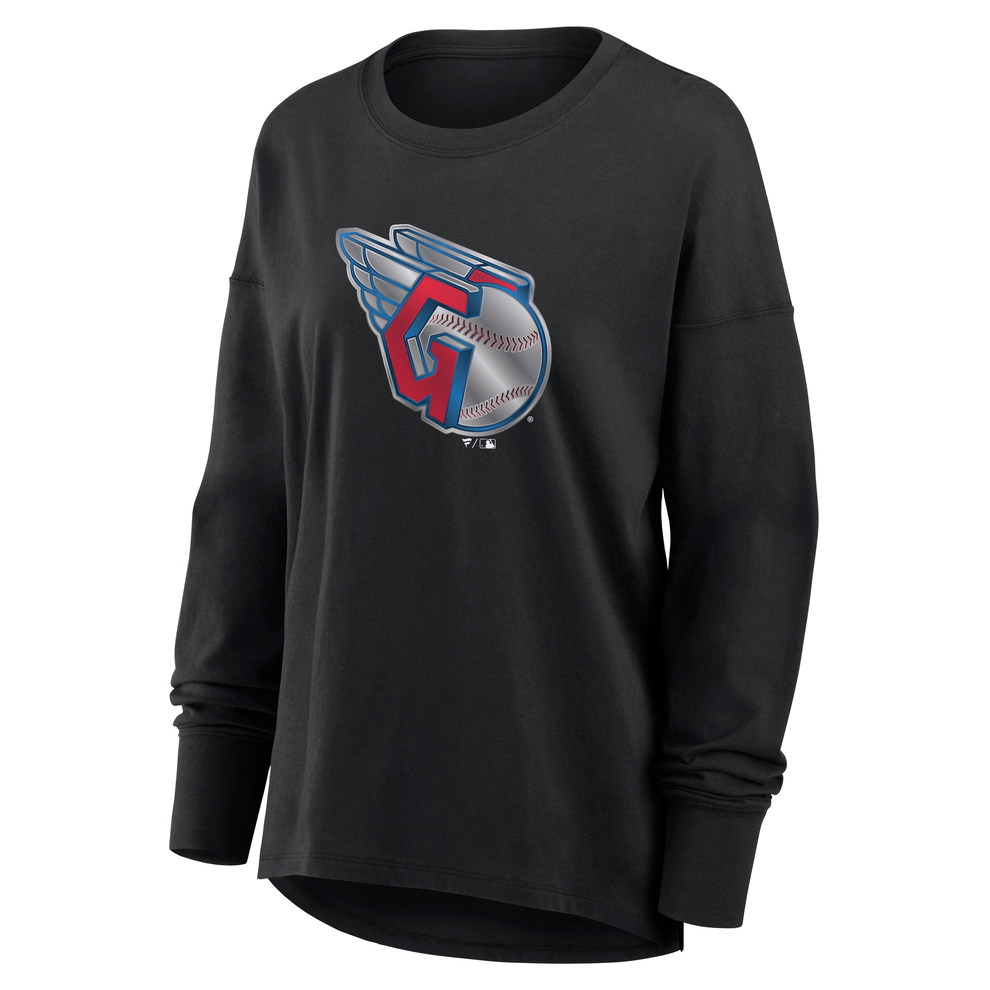 T-shirt à manches longues noir pour femmes Cleveland Guardians avec mascotte métallique