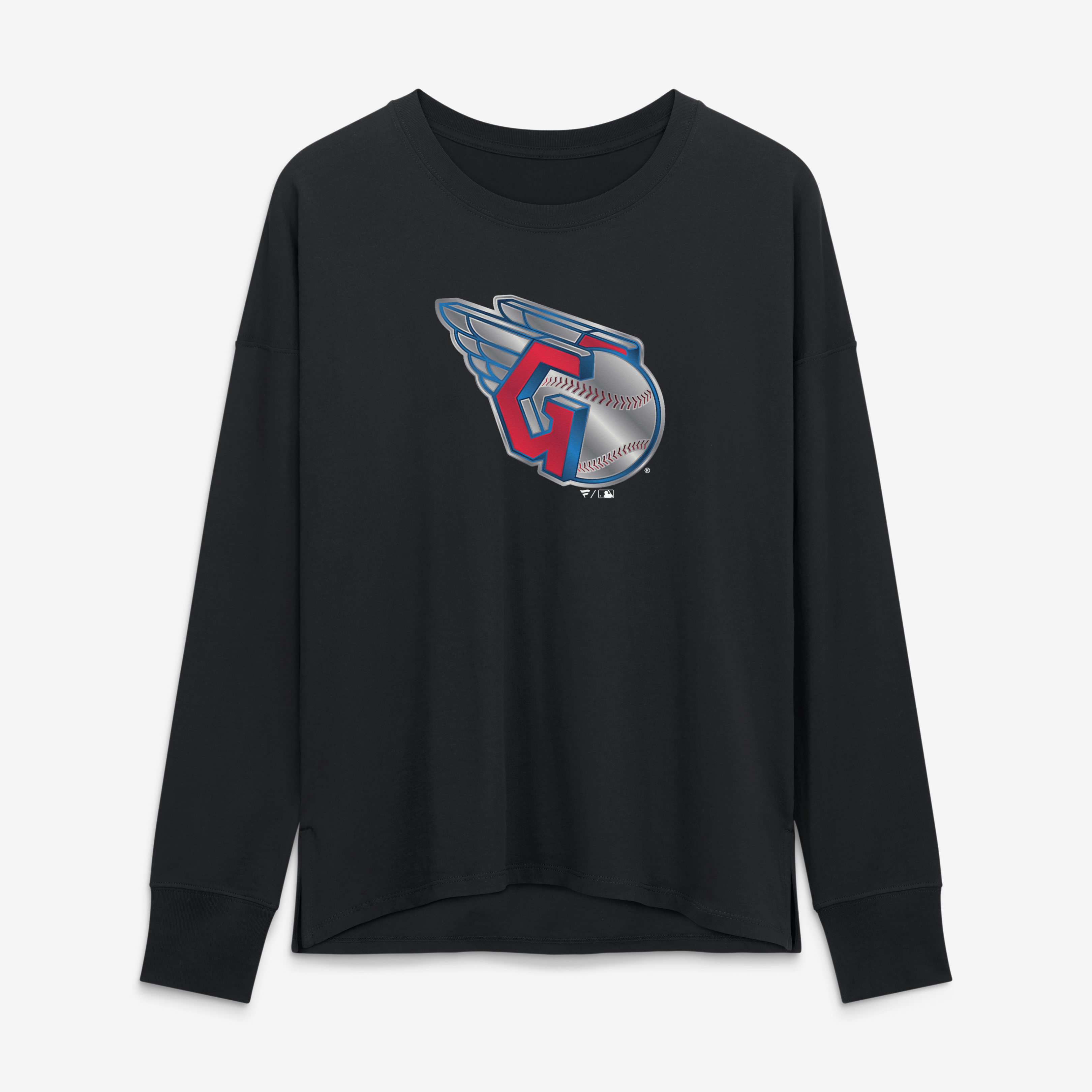 T-shirt à manches longues noir pour femmes Cleveland Guardians avec mascotte métallique