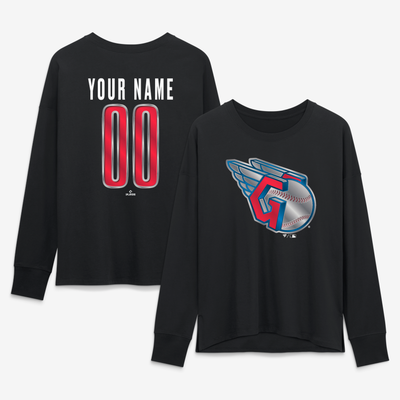 Cleveland Guardians Women's Metallic Mascot Personalized Name & Number Long Sleeve T-Shirt - Black