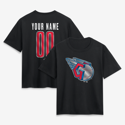 Cleveland Guardians Women's Metallic Mascot Personalized Name & Number T-Shirt - Black