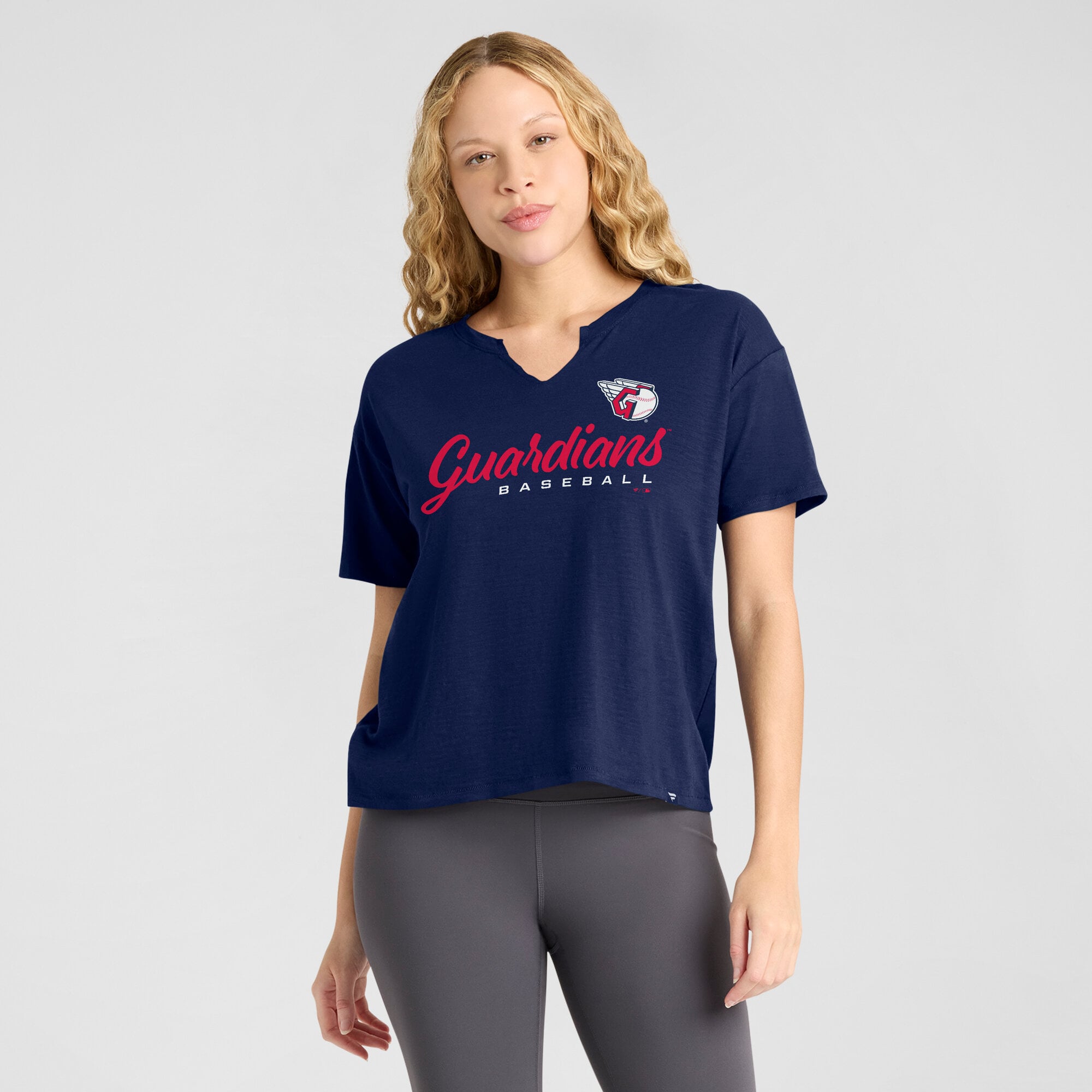 Women's Fanatics Navy Cleveland Guardians Fan Fave Stadium Slub Boxy Notch Neck T-Shirt
