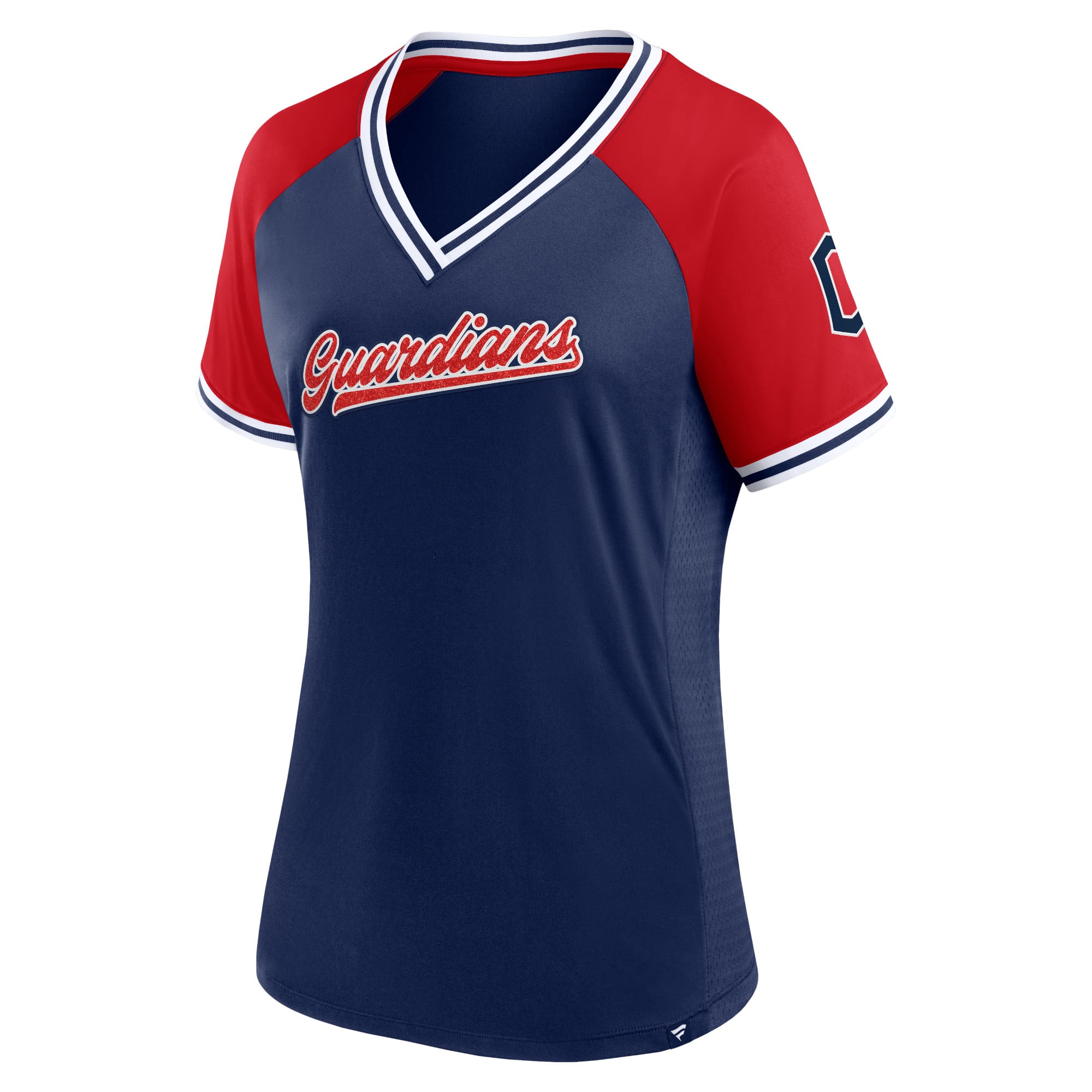 T-shirt à col en V Fanatics pour femmes, bleu marine, Cleveland Guardians Glitz & Glam League Diva Raglan