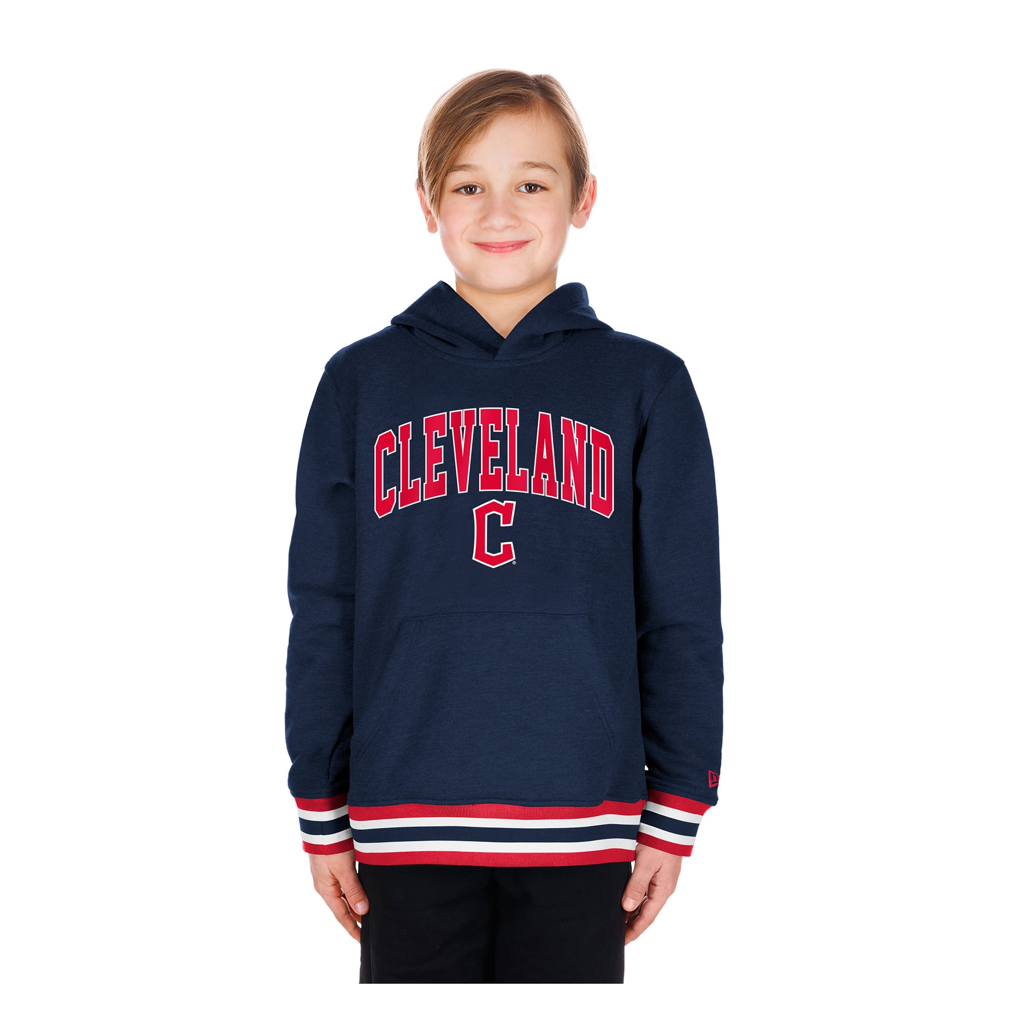 Youth New Era Navy Cleveland Guardians Knit Trim Pullover Hoodie