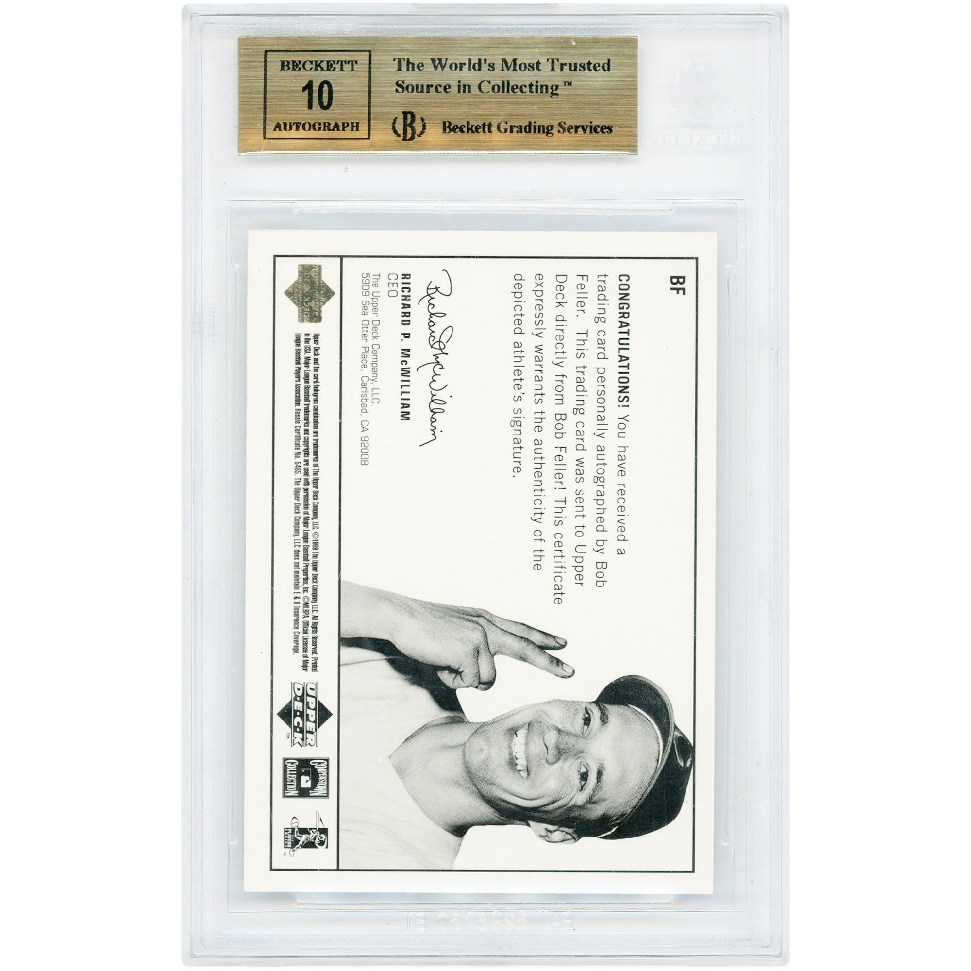Carte autographiée par Bob Feller (Cleveland Indians), collection Upper Deck Century Legends Epic Signatures 1999, numéro BF, authentifiée par BGS (note 9,5/10) - Sous-notes : 9, 9,5, 9,5, 9,5