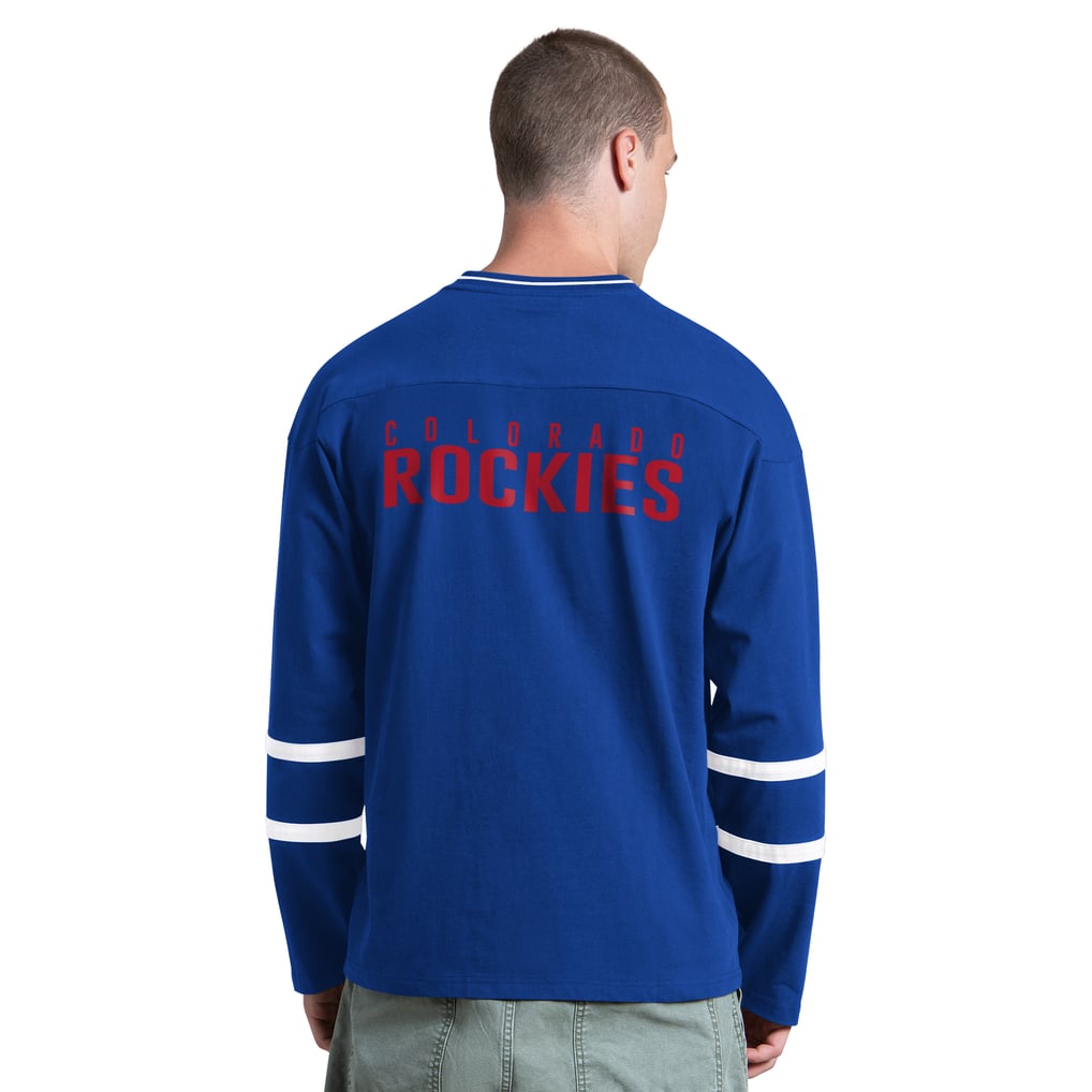 T-shirt à manches longues et col en V pour homme CO Rockies Starter Blue Vintage Hockey Line Up
