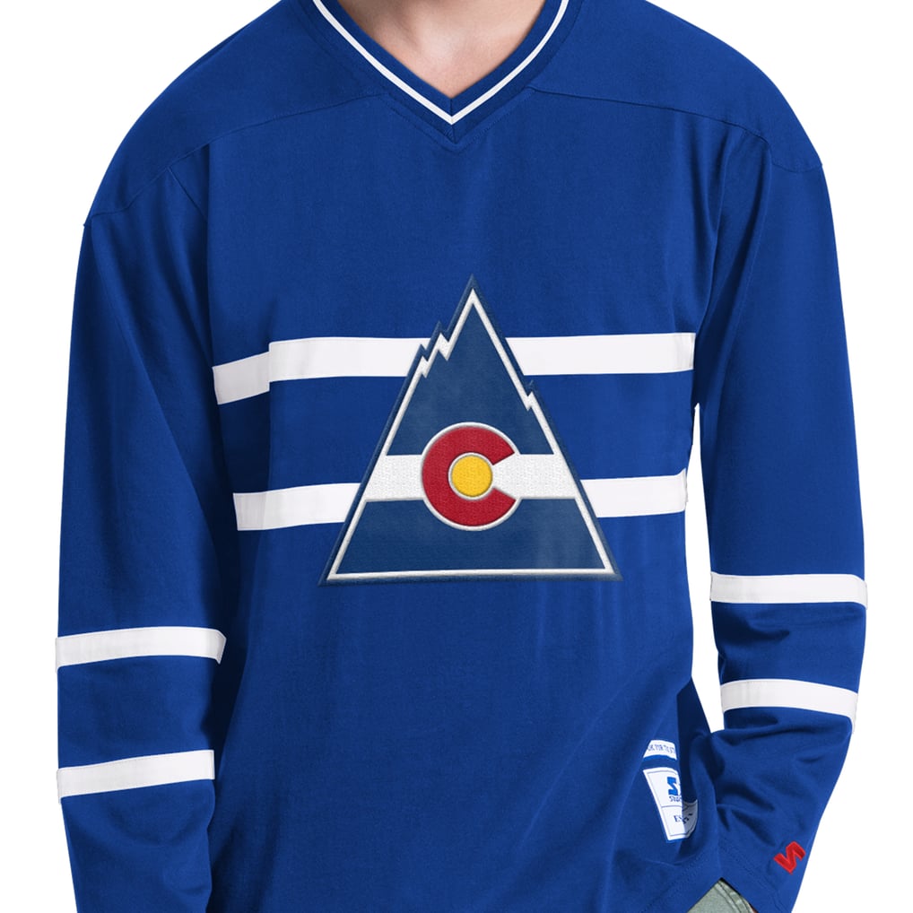 T-shirt à manches longues et col en V pour homme CO Rockies Starter Blue Vintage Hockey Line Up