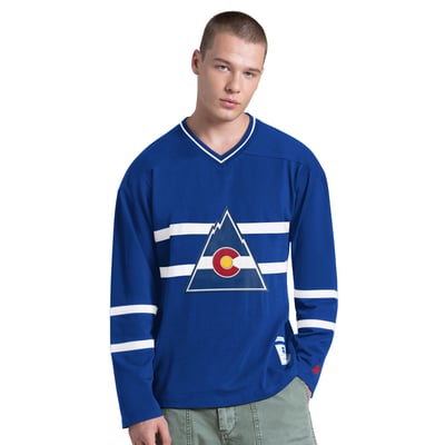 T-shirt à manches longues et col en V pour homme CO Rockies Starter Blue Vintage Hockey Line Up