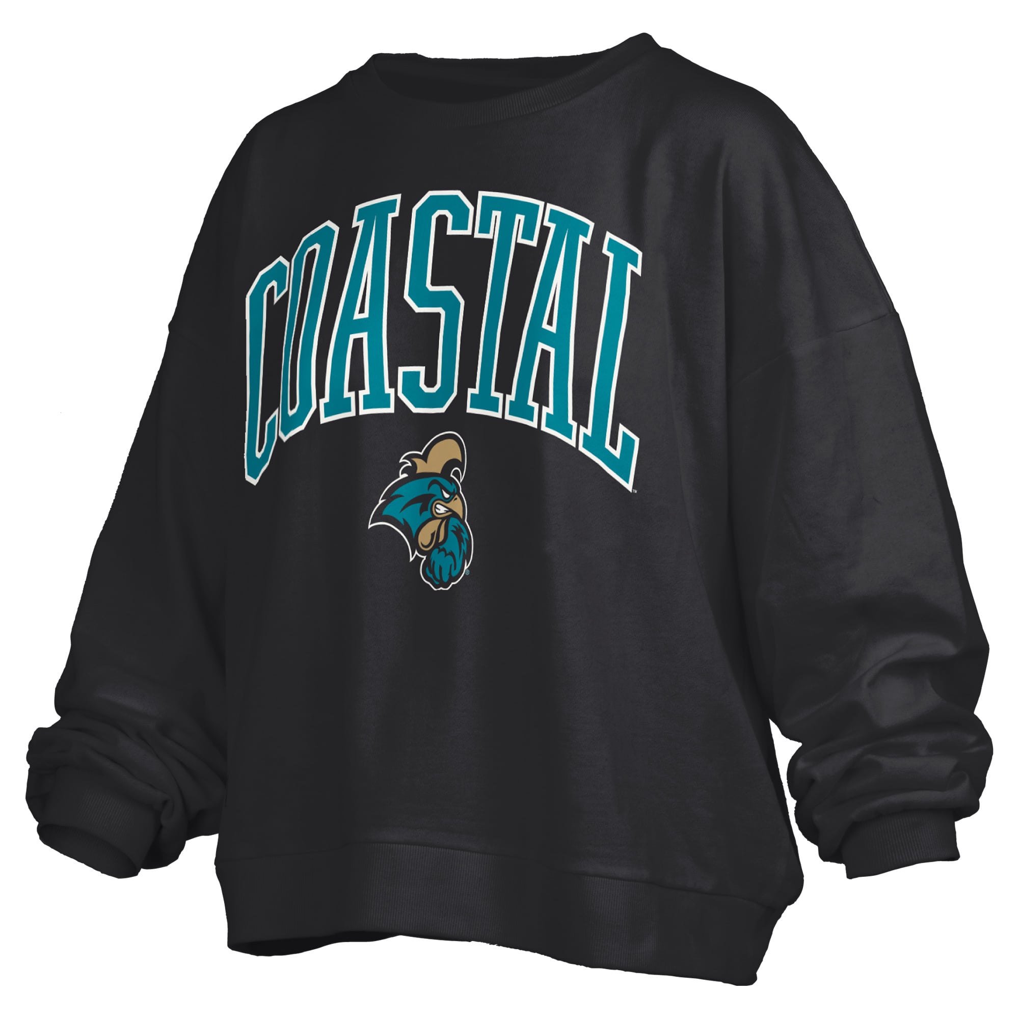 Women's Pressbox Black Coastal Carolina Chanticleers Oversized Janise Arch Over Logo Fleece Sweatshirt