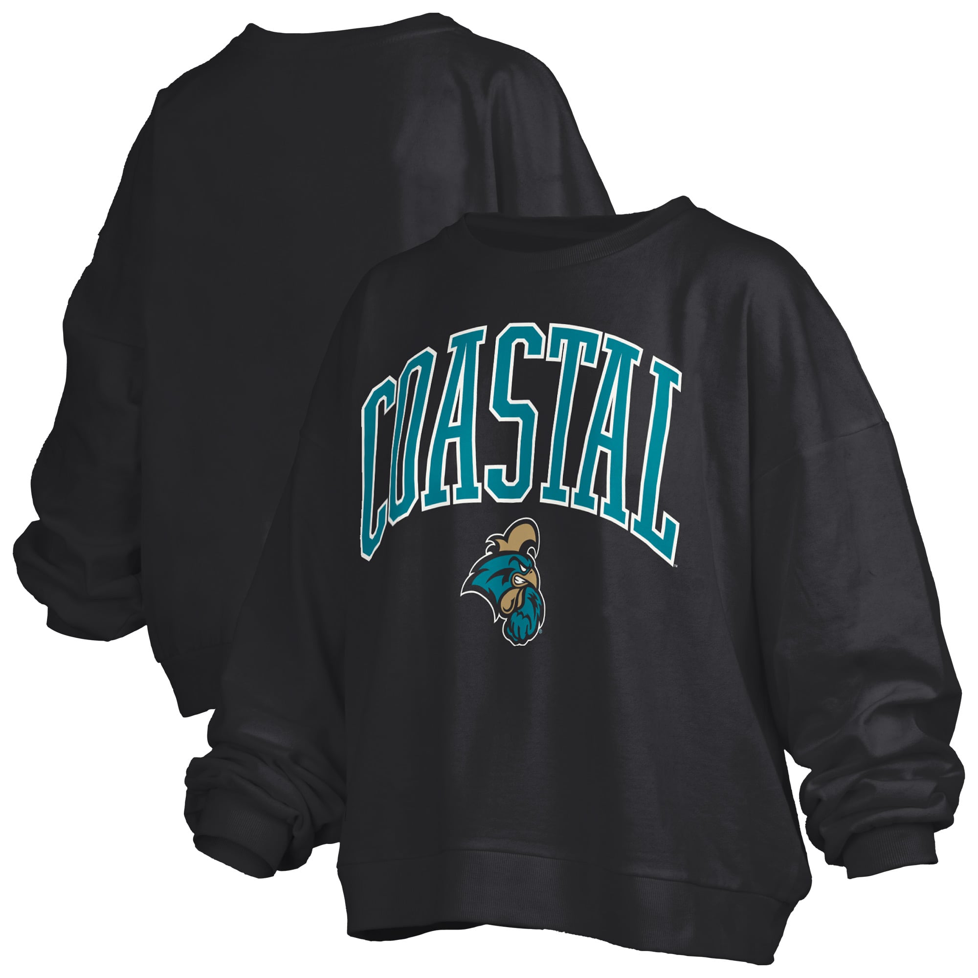 Women's Pressbox Black Coastal Carolina Chanticleers Oversized Janise Arch Over Logo Fleece Sweatshirt