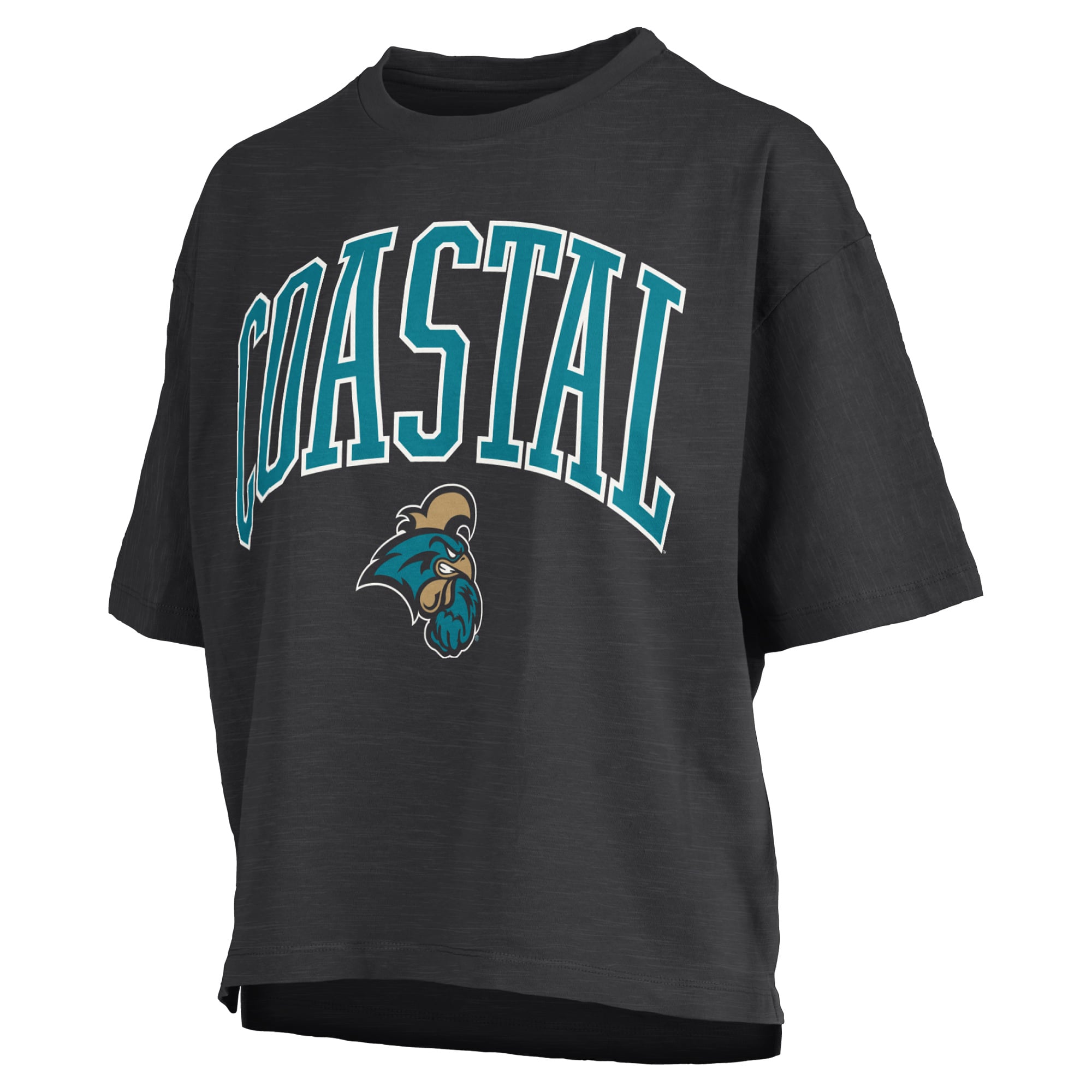 Women's Pressbox Black Coastal Carolina Chanticleers Oversized Nelson Arch Over Logo Slub T-Shirt