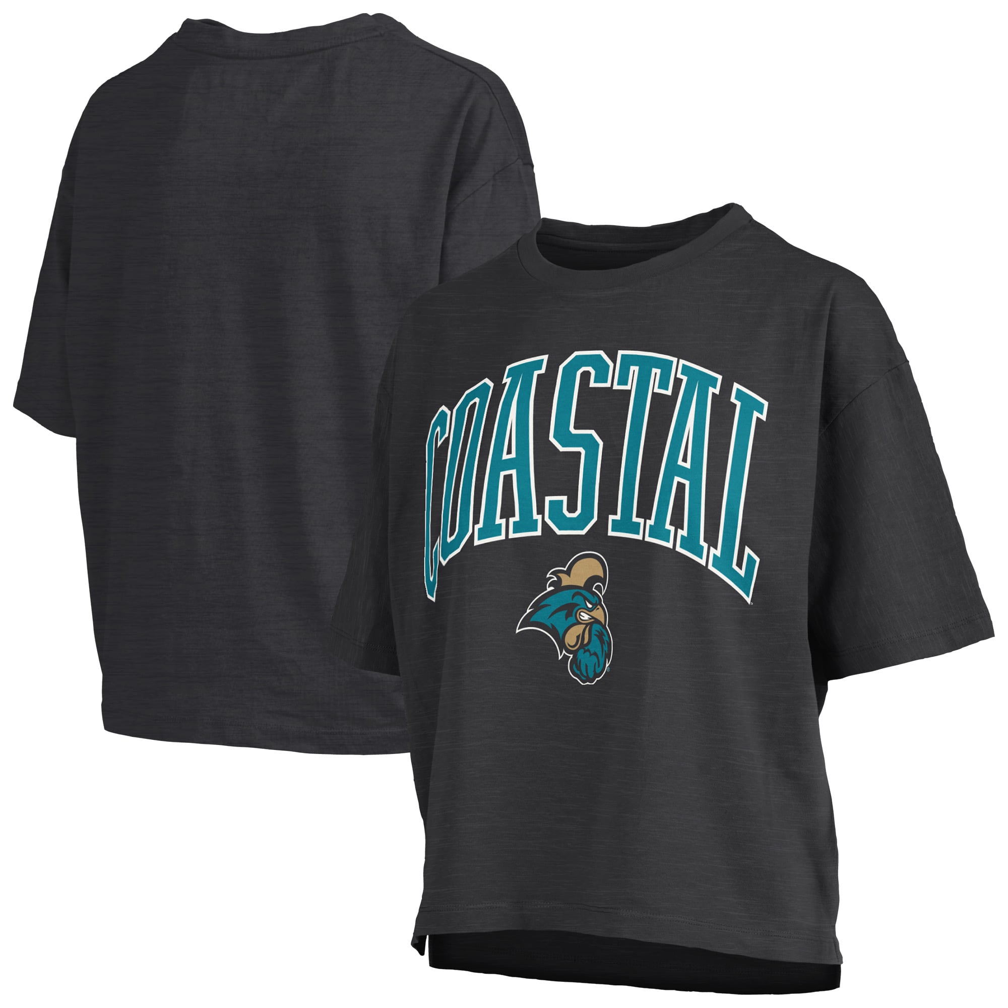 Women's Pressbox Black Coastal Carolina Chanticleers Oversized Nelson Arch Over Logo Slub T-Shirt