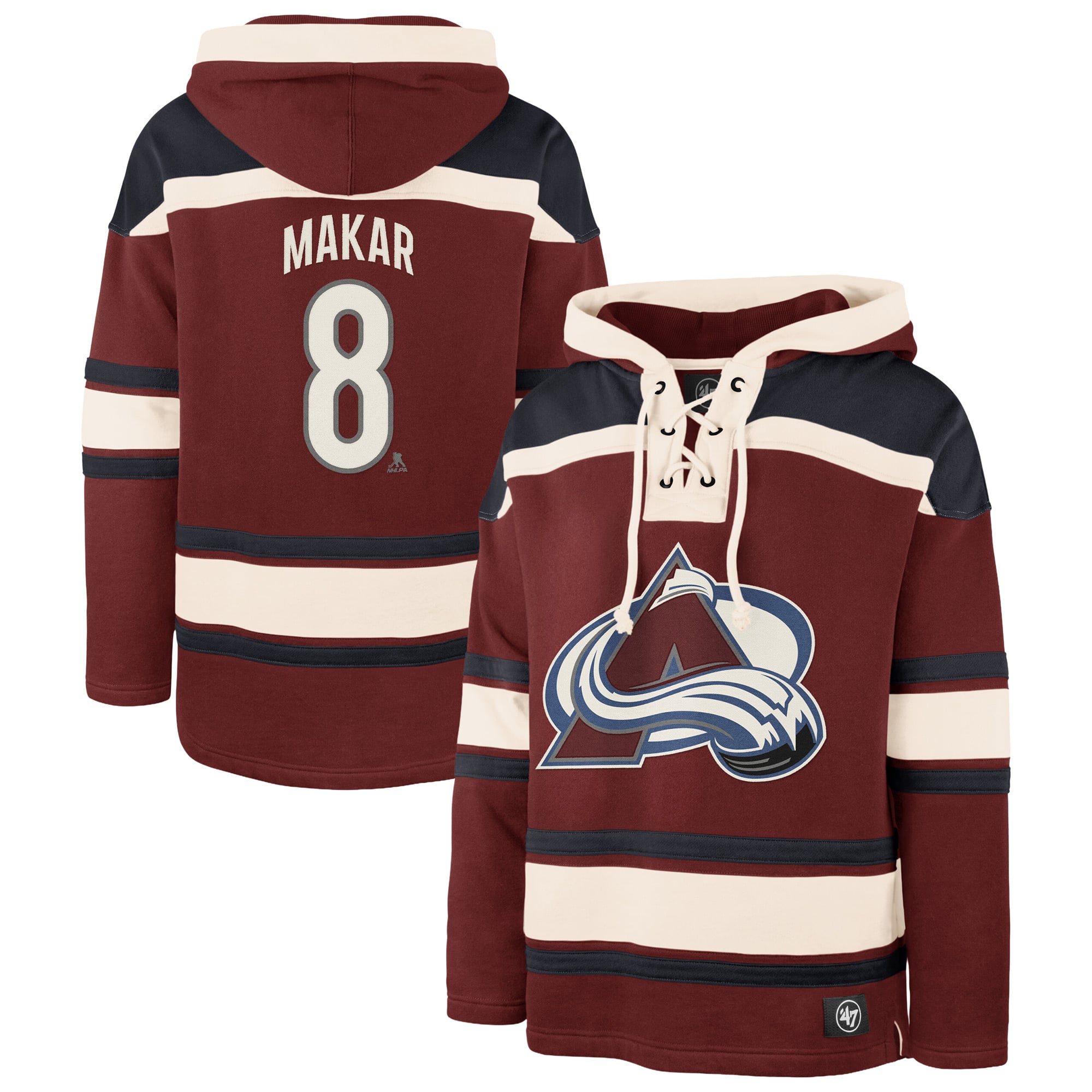 Sweat à capuche Lacer pour homme, modèle 47 Cale Makar, bordeaux, Colorado Avalanche, avec nom et numéro du joueur