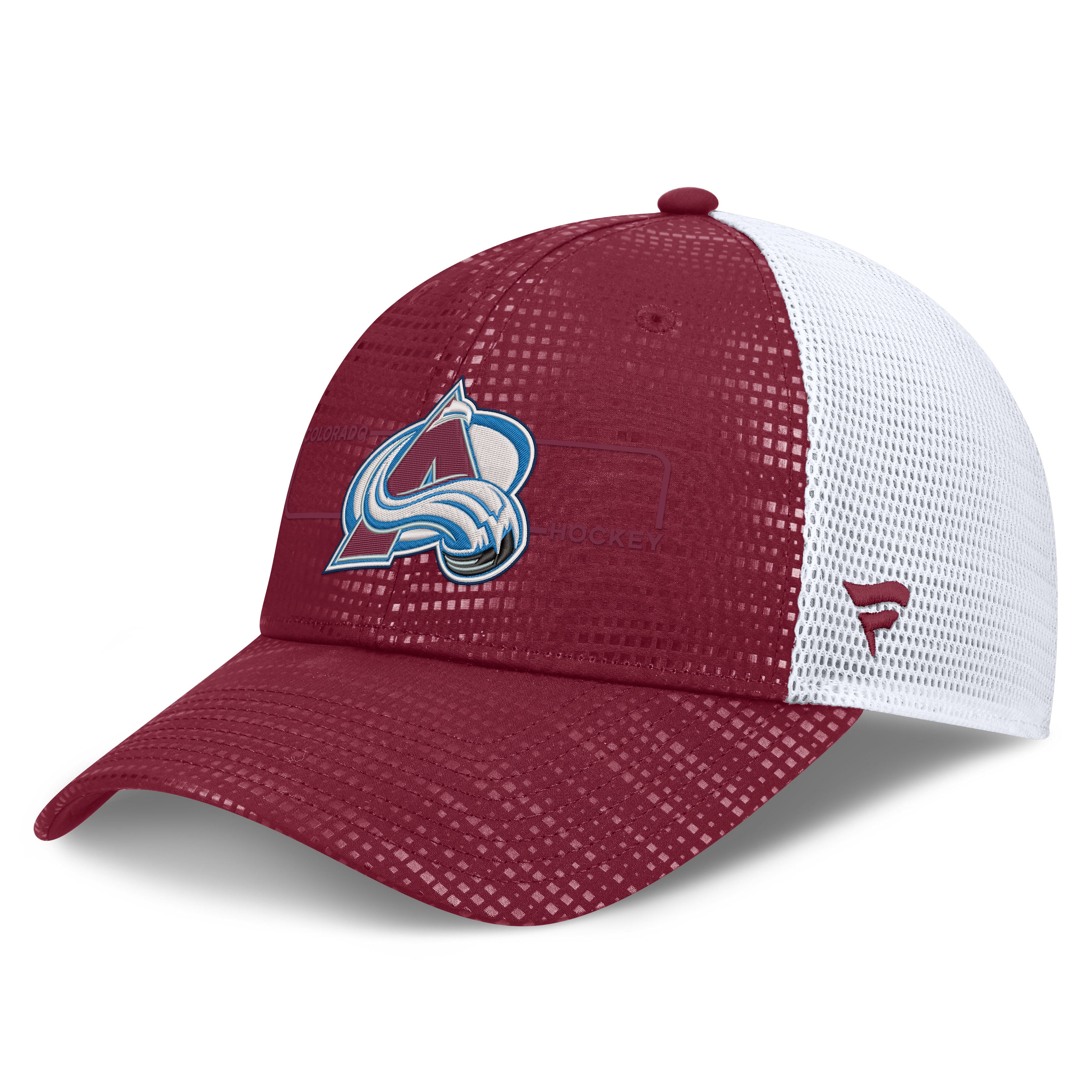 Casquette trucker Fanatics bordeaux/blanche Colorado Avalanche Authentic Pro Rink avec logo encadré