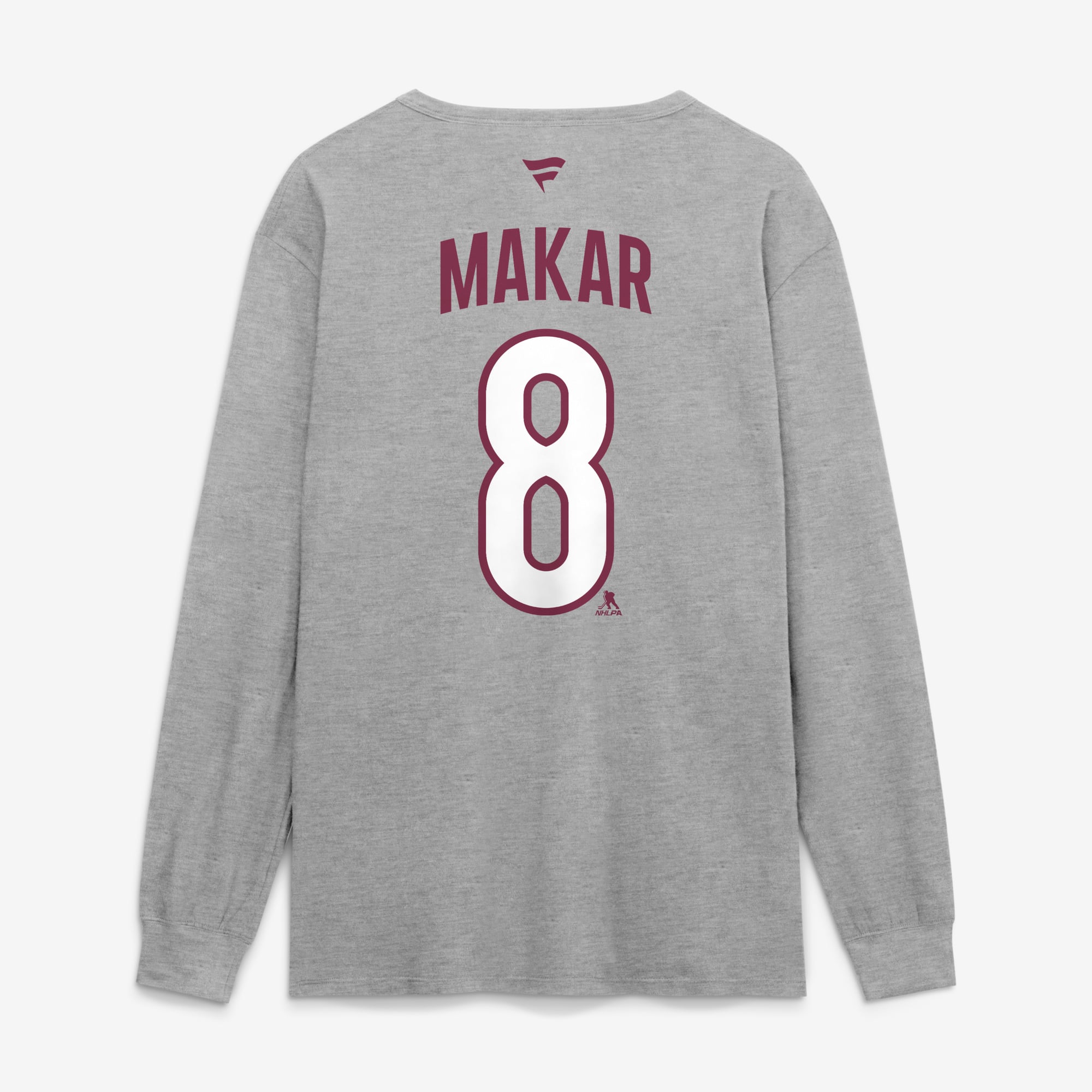 T-shirt à manches longues authentique Fanatics Cale Makar Gray Colorado Avalanche pour homme, avec nom et numéro.