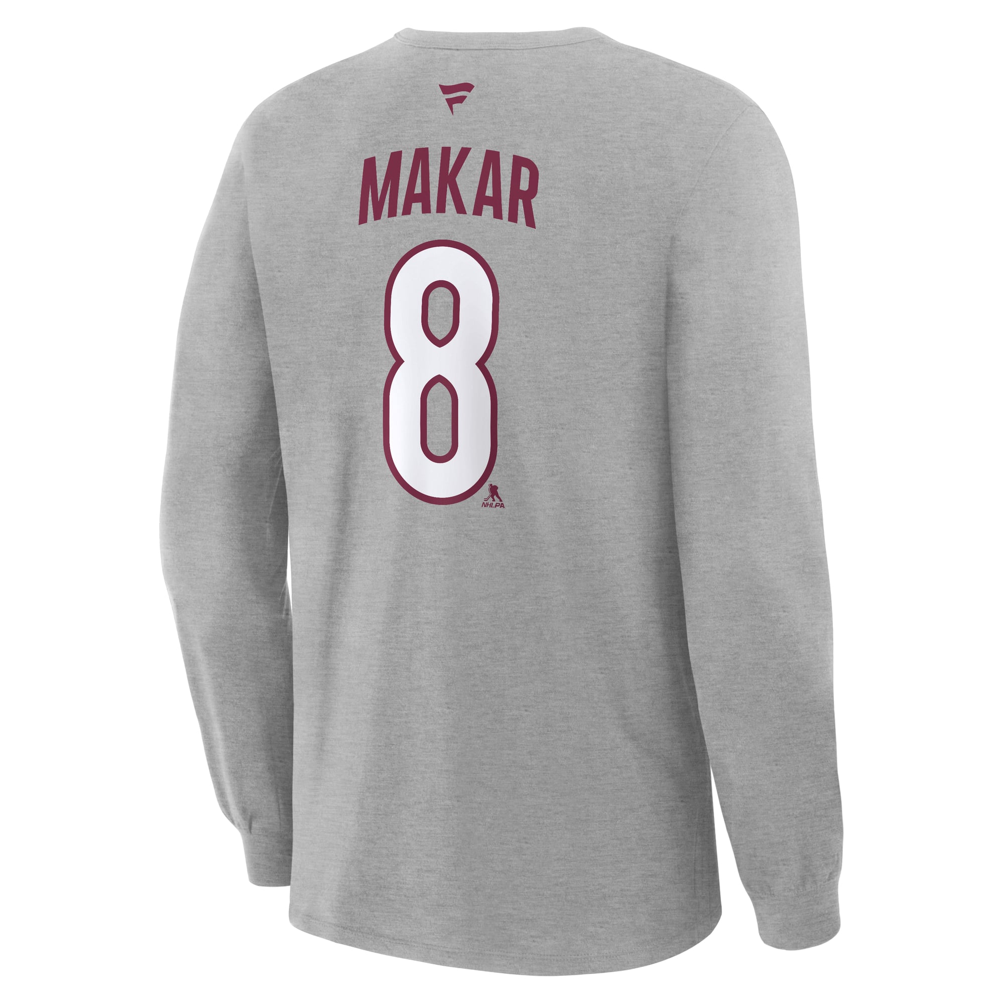T-shirt à manches longues authentique Fanatics Cale Makar Gray Colorado Avalanche pour homme, avec nom et numéro.