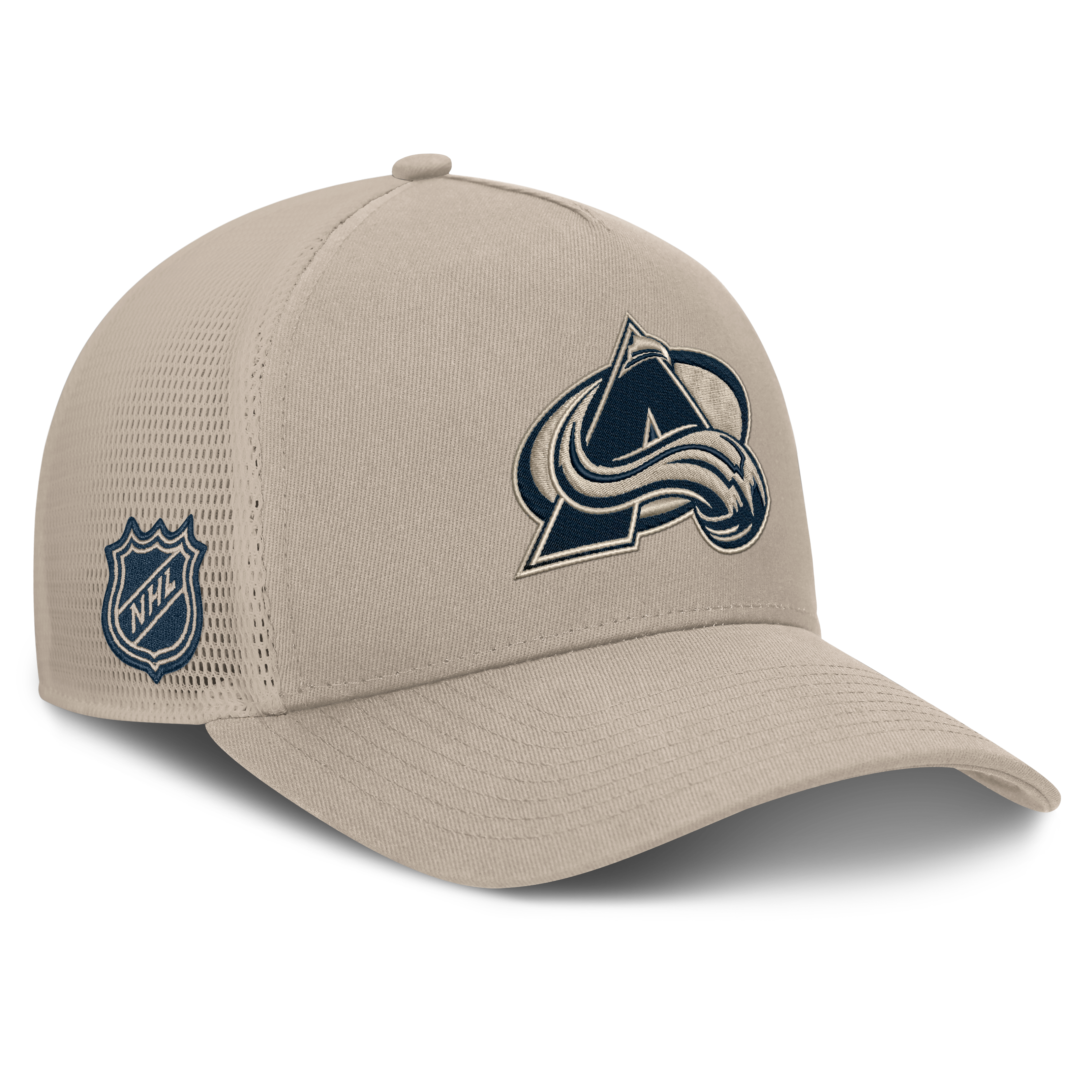 Casquette Fanatics pour homme, beige clair, Colorado Avalanche Authentic Pro Road Soft Wash, à monture A et dos en maille.