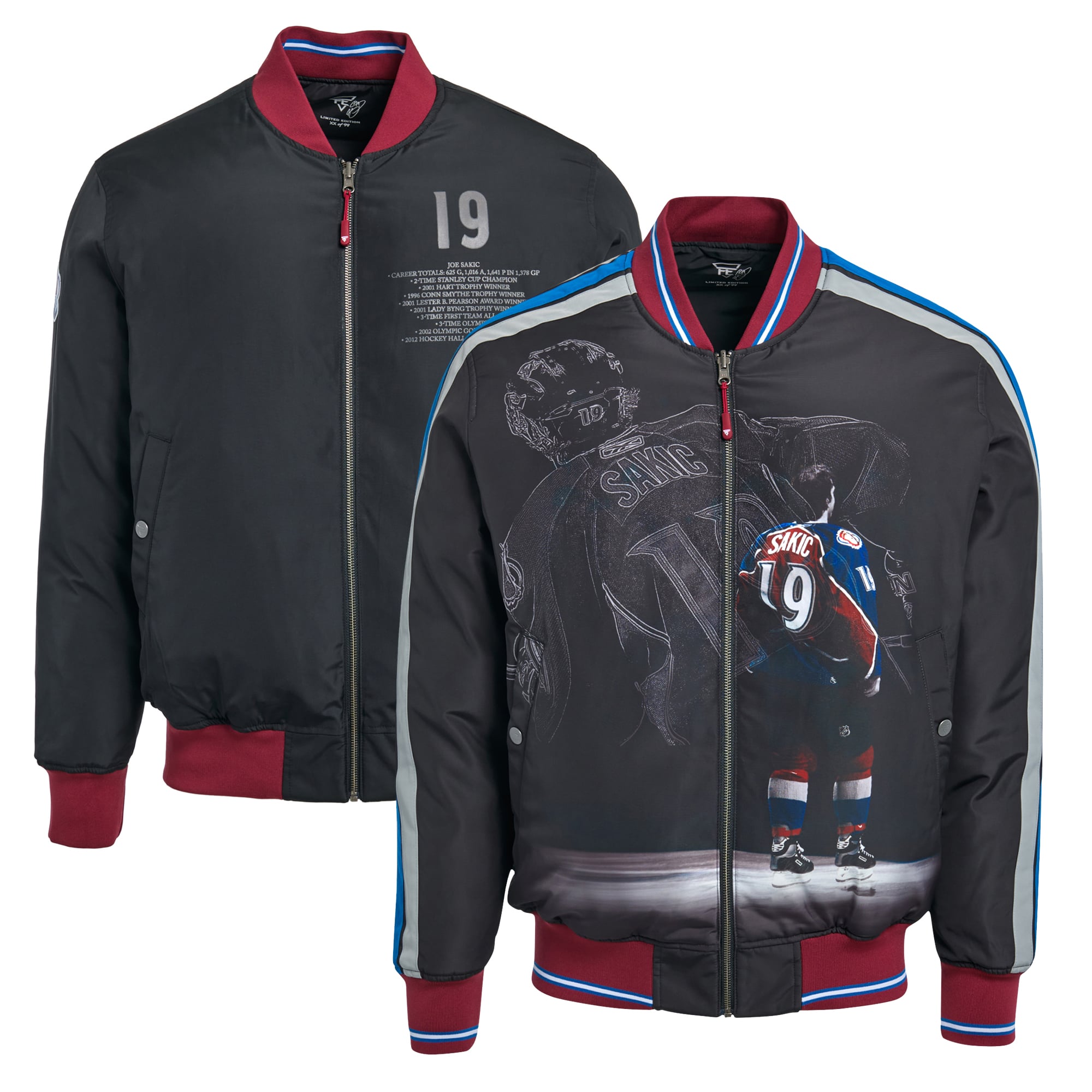 Veste bomber réversible zippée intégrale FE Joe Sakic Charcoal Colorado Avalanche pour homme