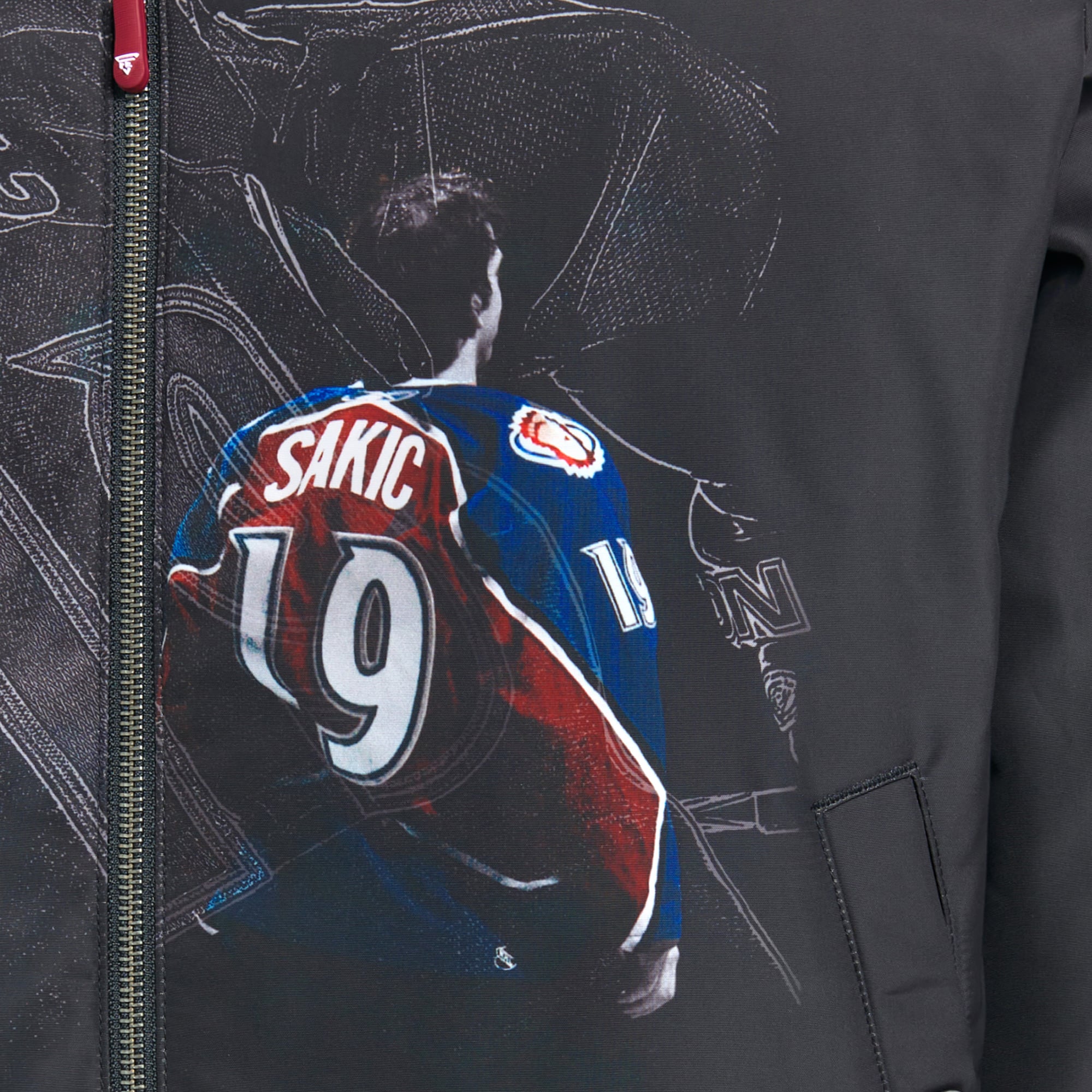 Veste bomber réversible zippée intégrale FE Joe Sakic Charcoal Colorado Avalanche pour homme