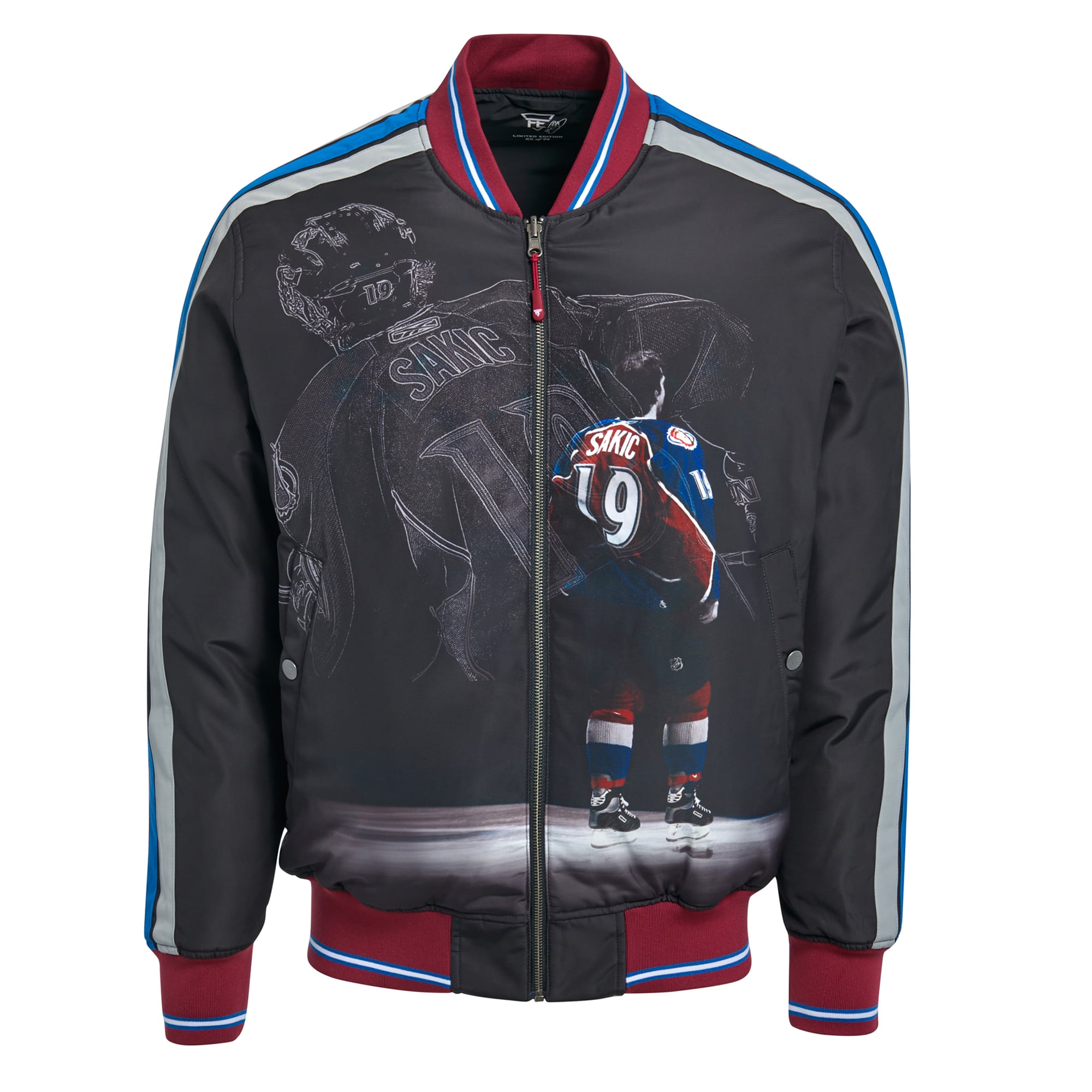 Veste bomber réversible zippée intégrale FE Joe Sakic Charcoal Colorado Avalanche pour homme